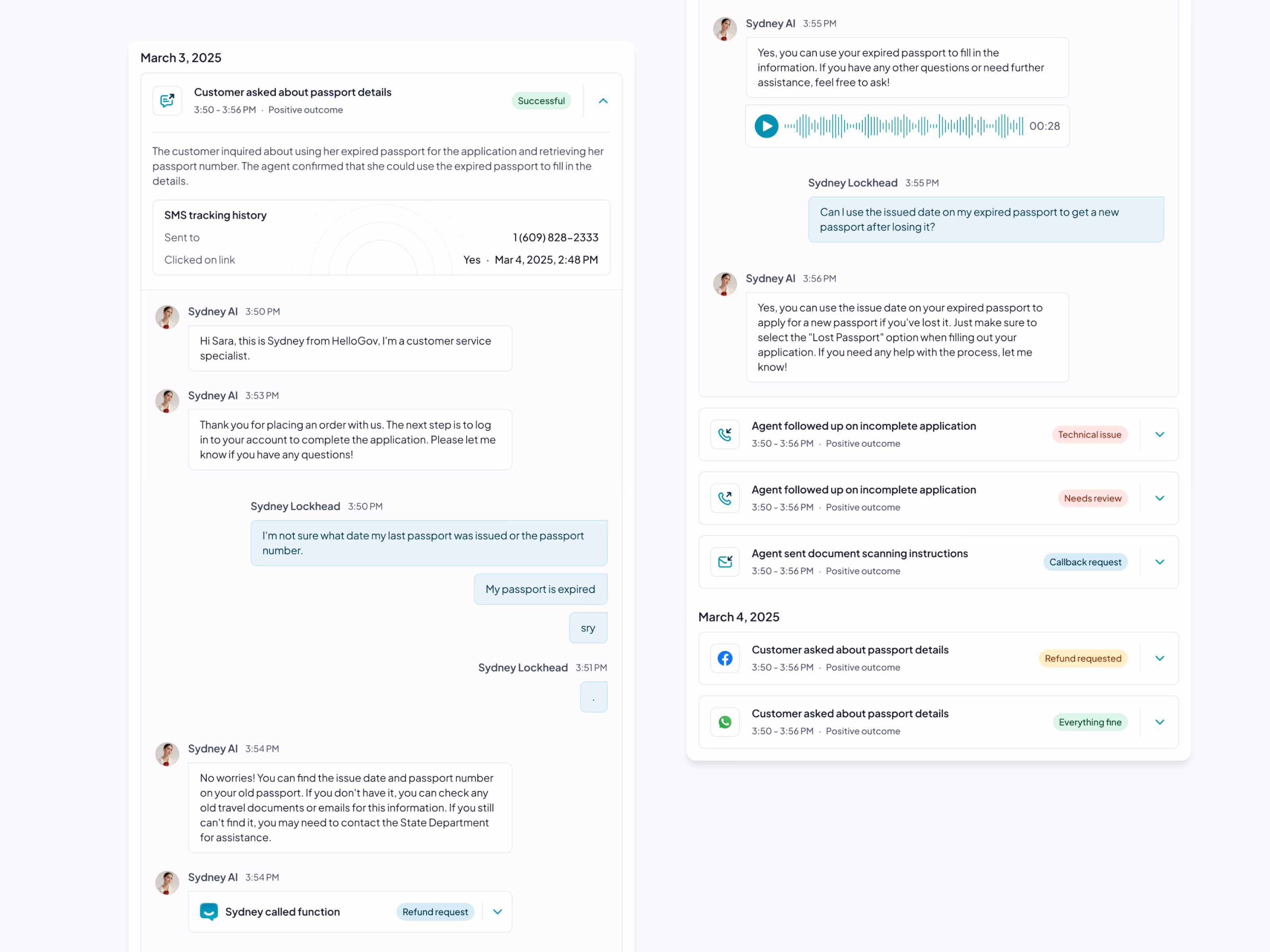 AI assistant chat log in HelloGov's passport admin panel