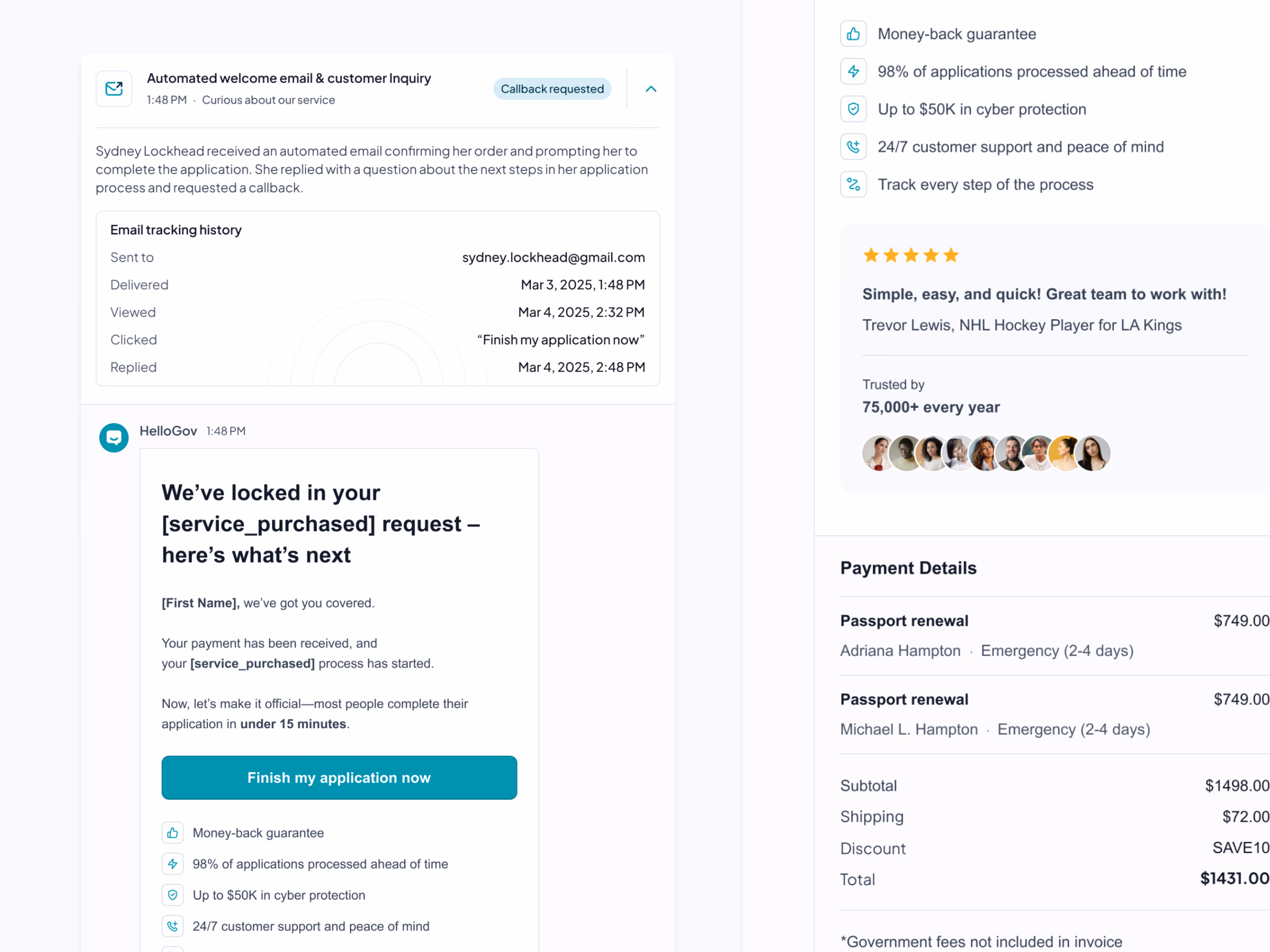 Customer support email view in HelloGov's admin panel