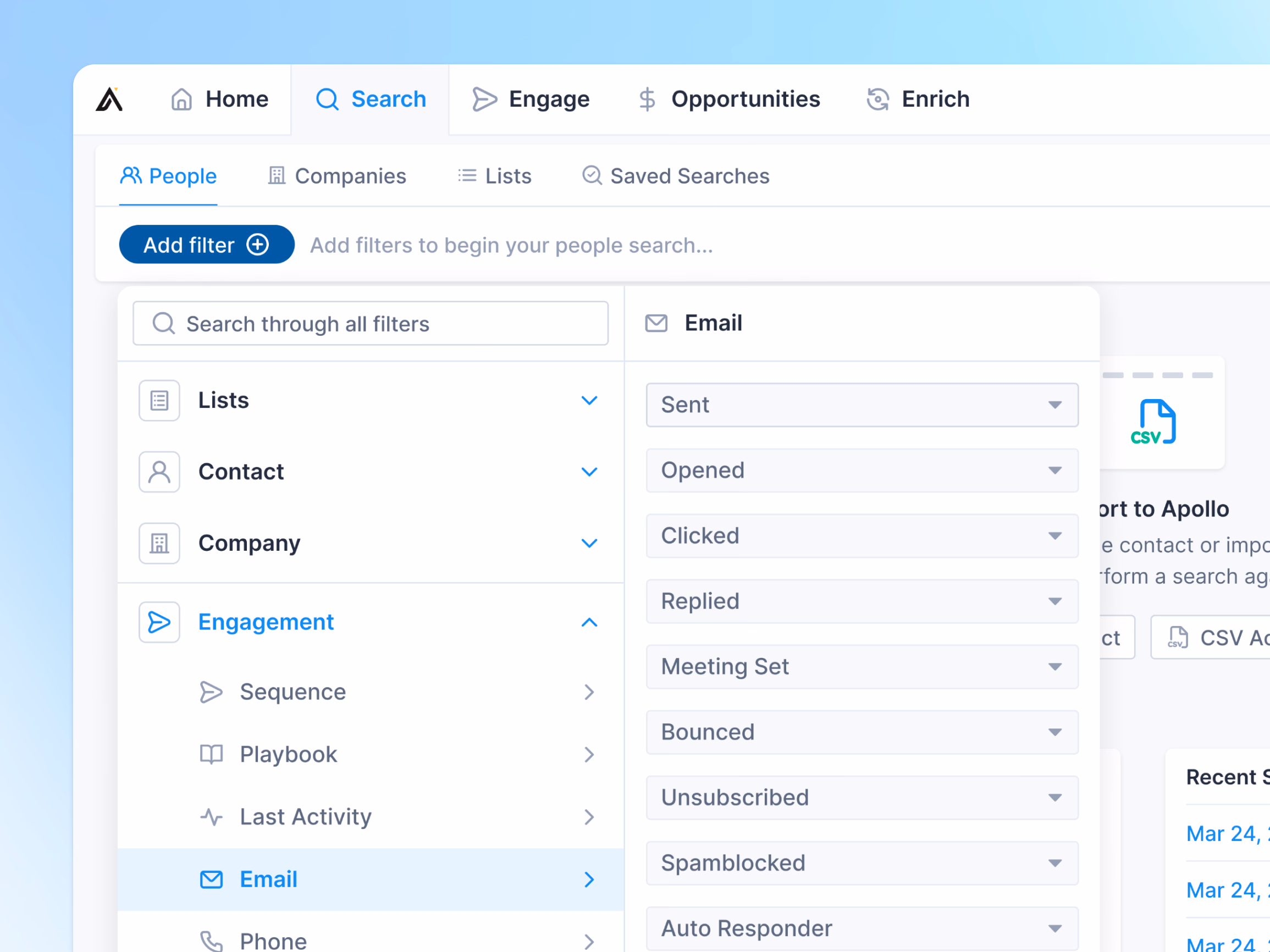 People search filter menu exploration for Apollo
