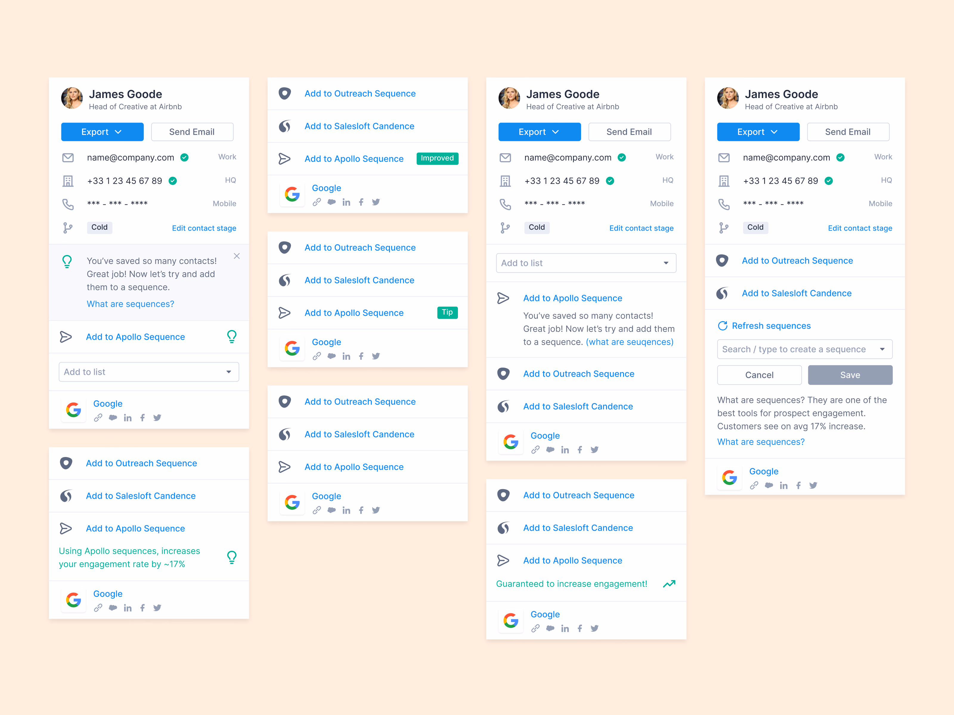 Contact card sequence nudge explorations for Apollo