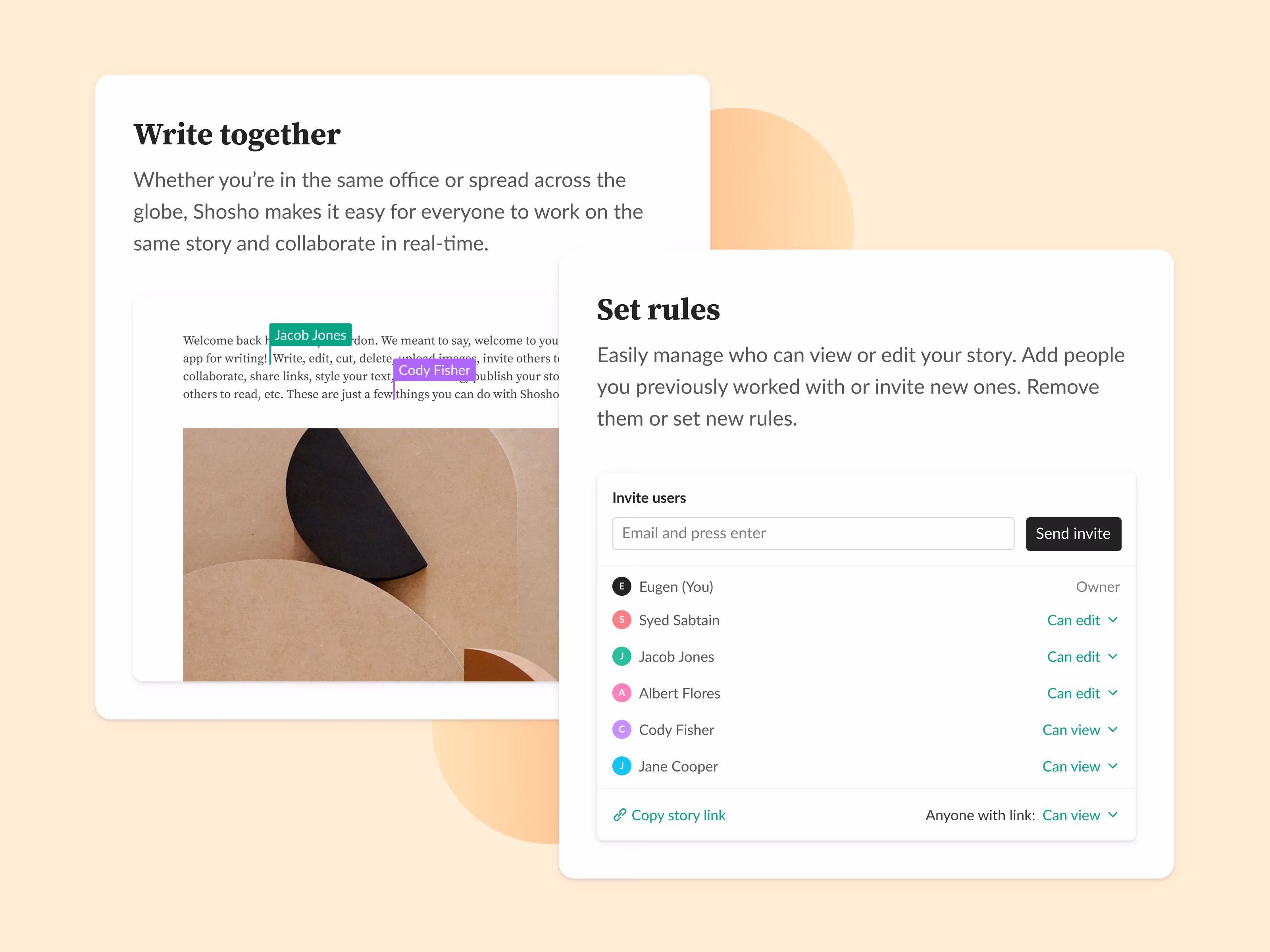 Collaborative story writing feature cards for Shosho
