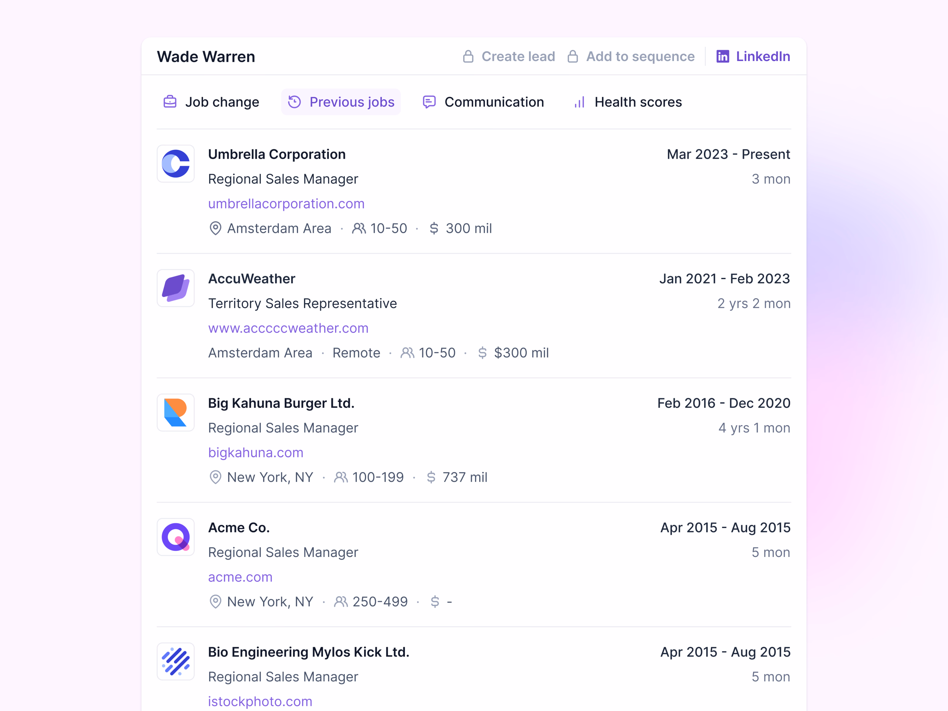 Previous jobs tab on a contact card in Lantern's AI CRM