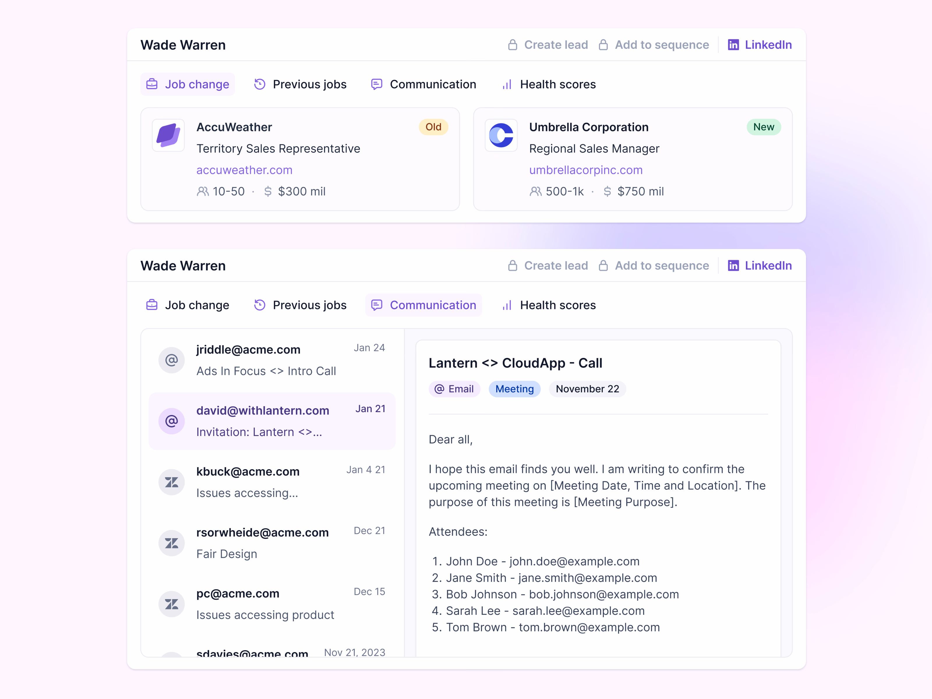 Job change contact card for Lantern's AI CRM