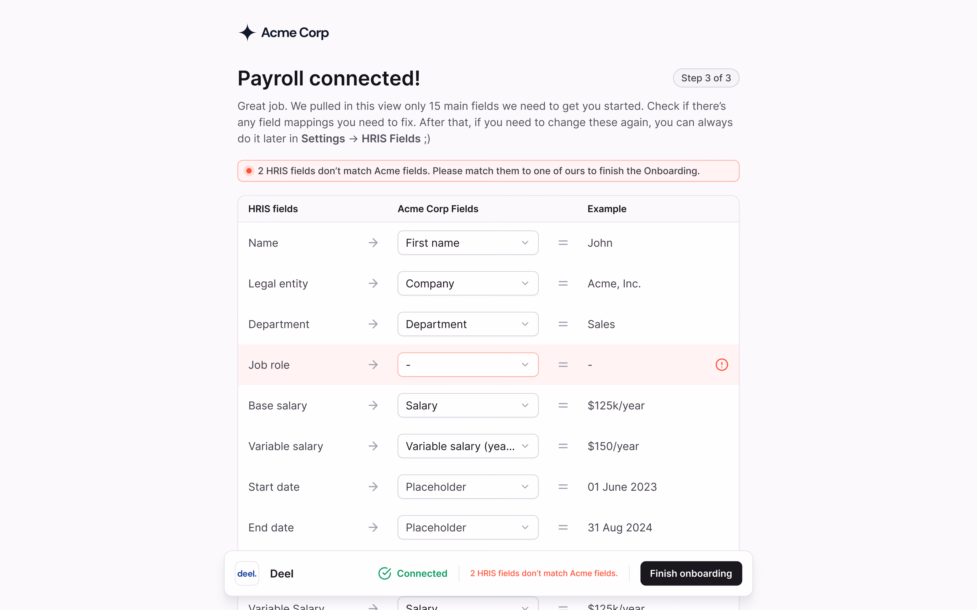 HRIS field mapping error state for a workforce finance tool