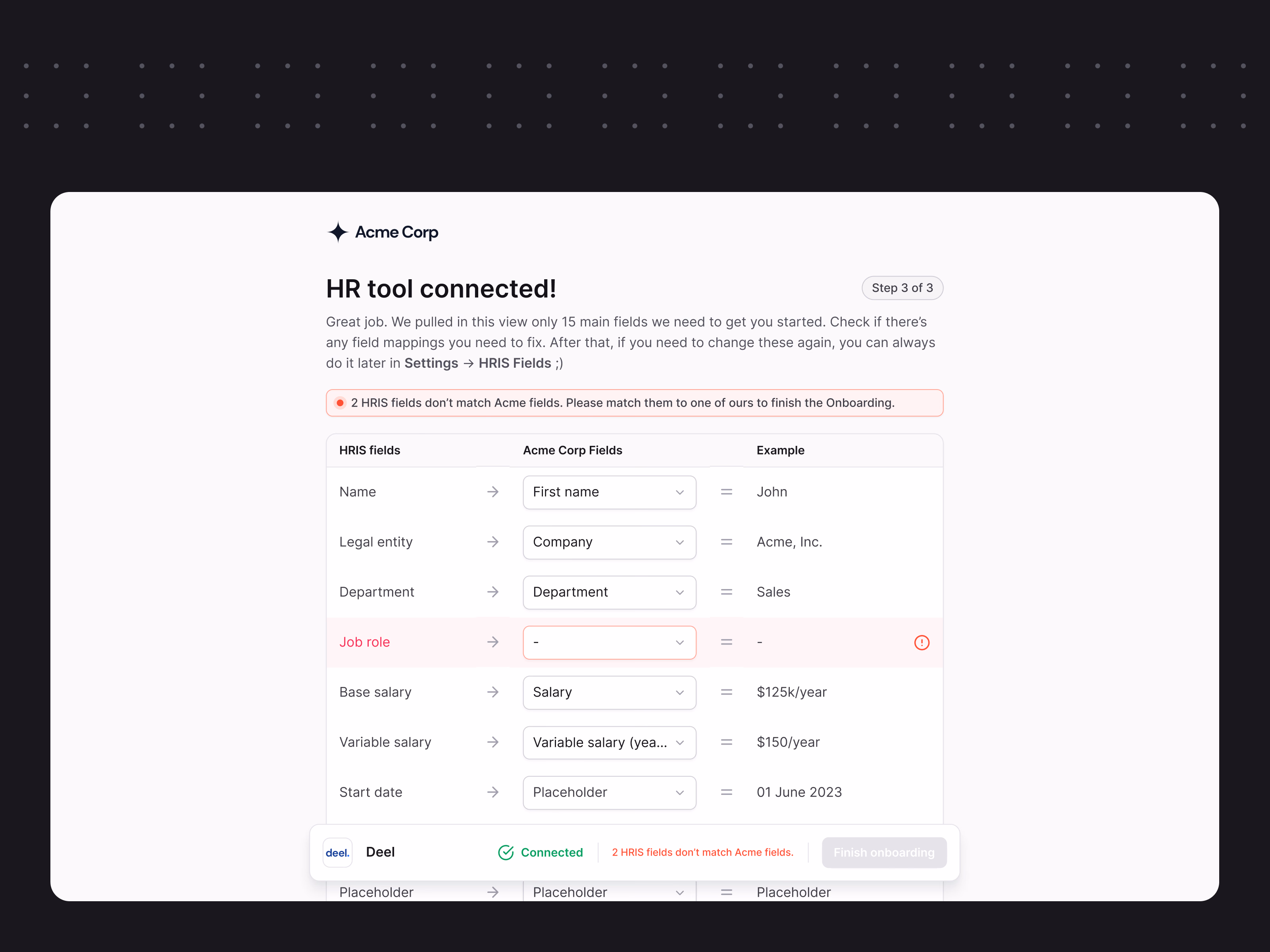 HRIS field mapping onboarding step for Horus