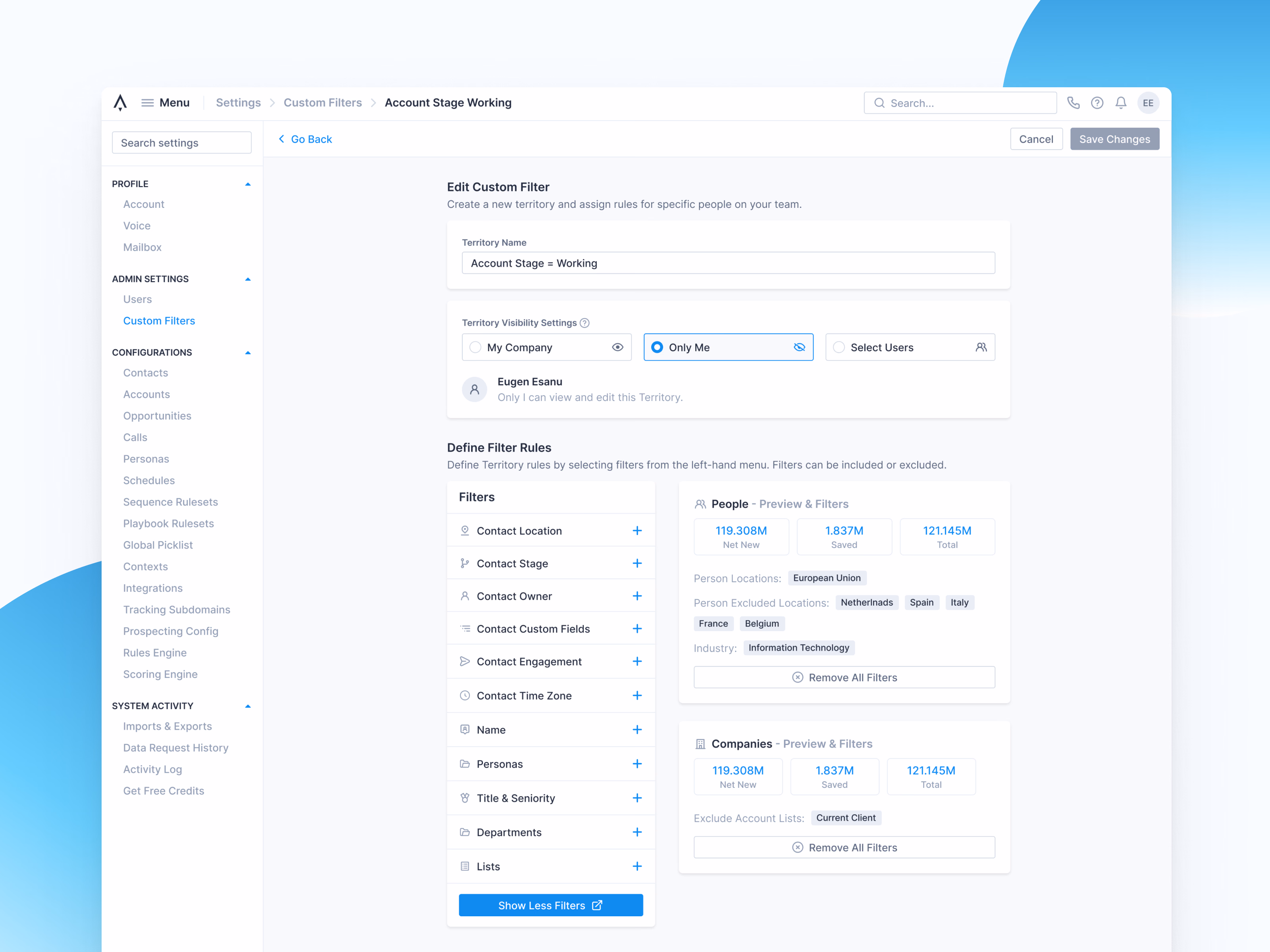Custom prospecting filter editor in Apollo settings