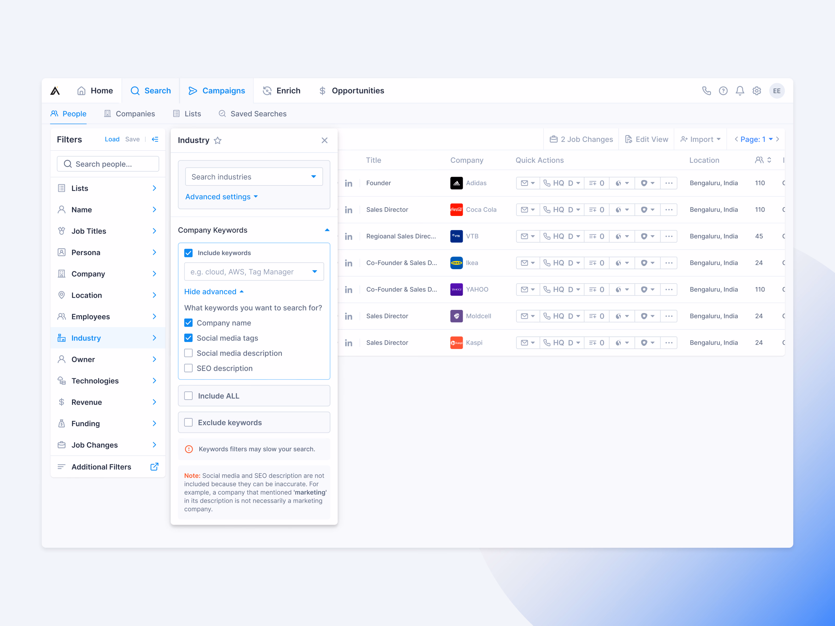 Industry keyword filter exploration for Apollo