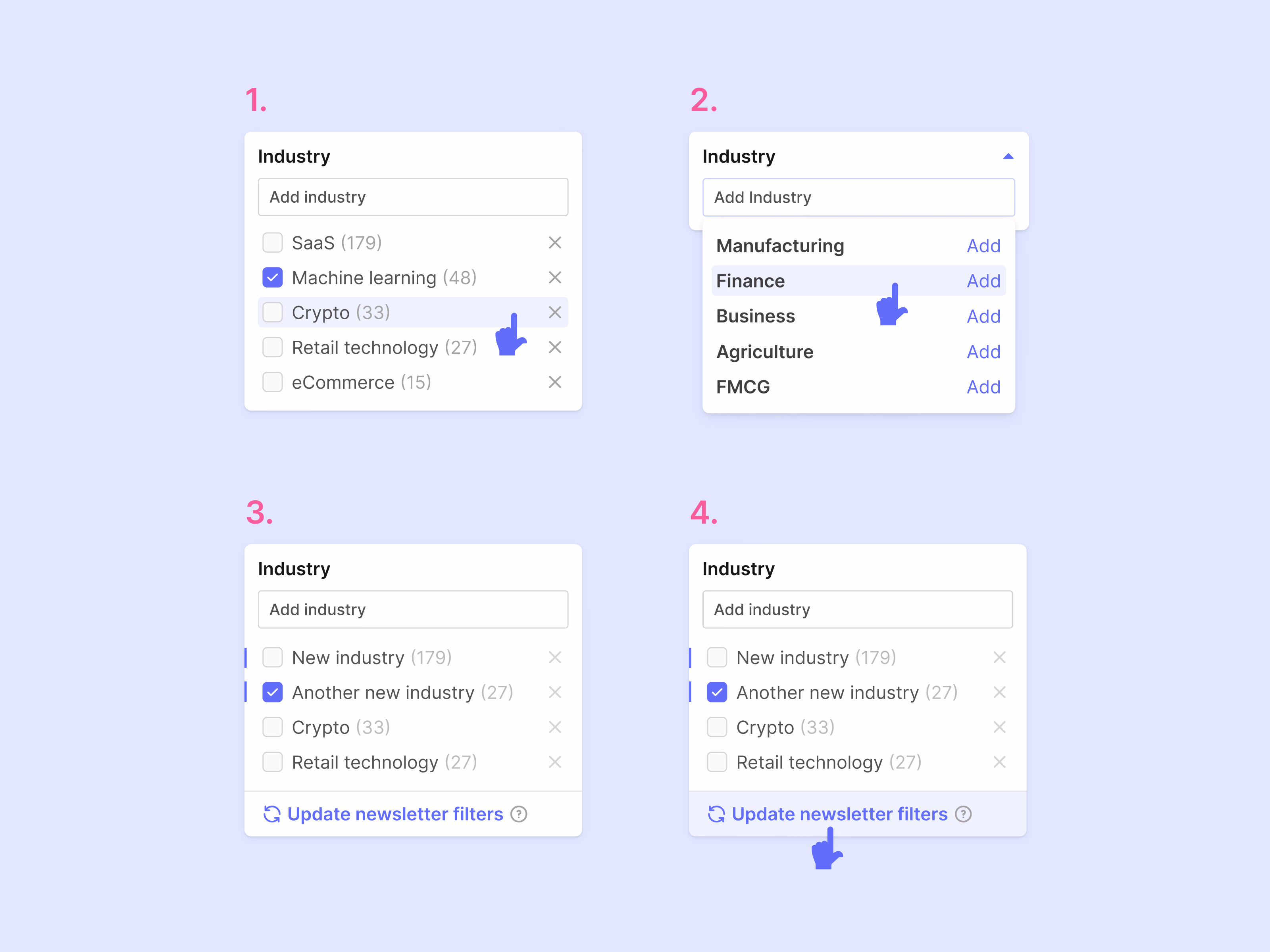 Industry filter editing interaction for a newsletter