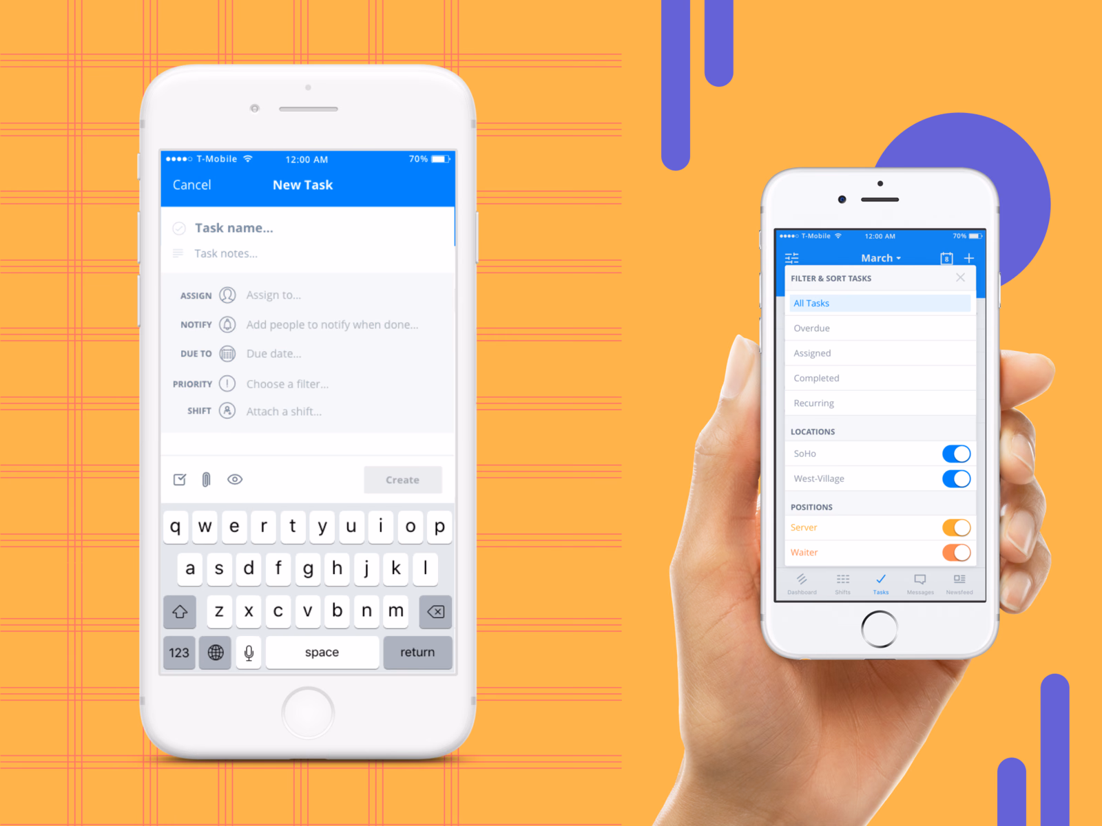Task creation and filter screens for the Sling mobile app