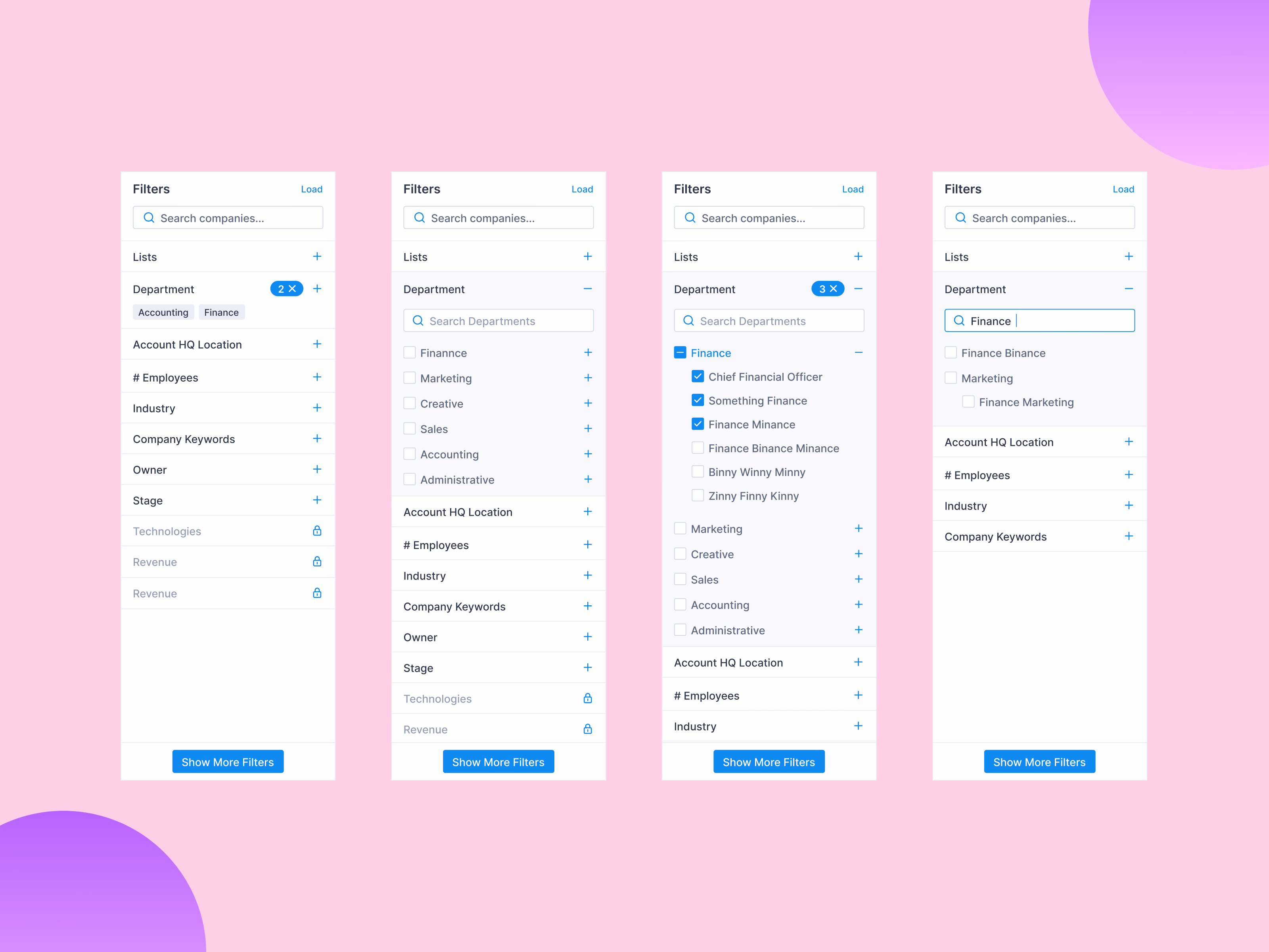 Company search filter panel shown in four states