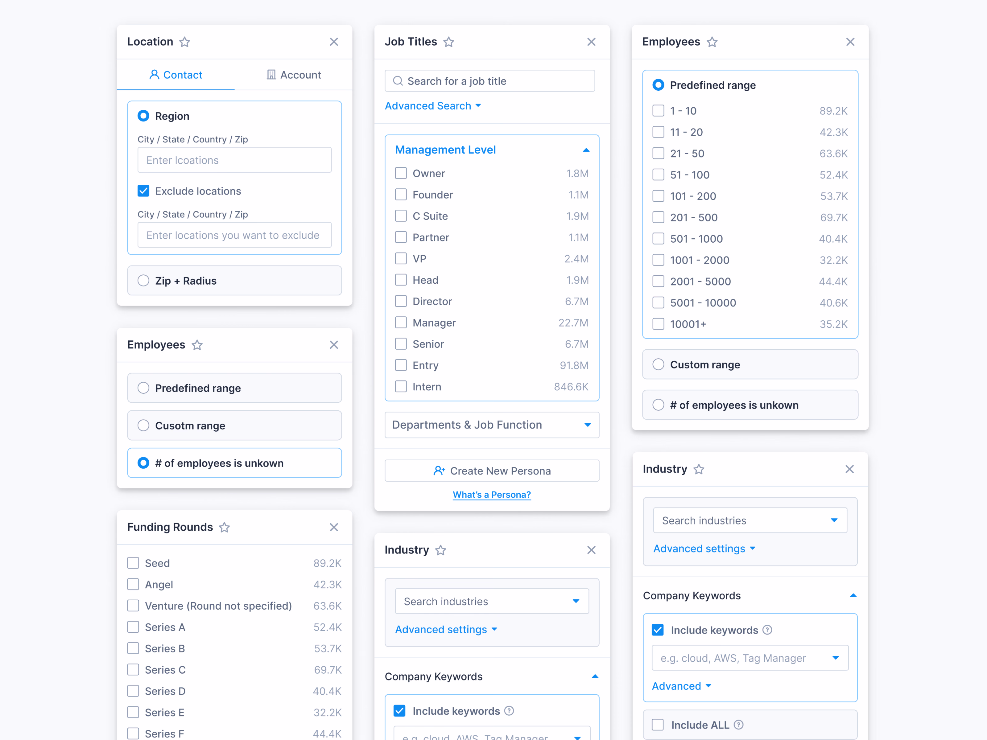 People and company search filter panel set