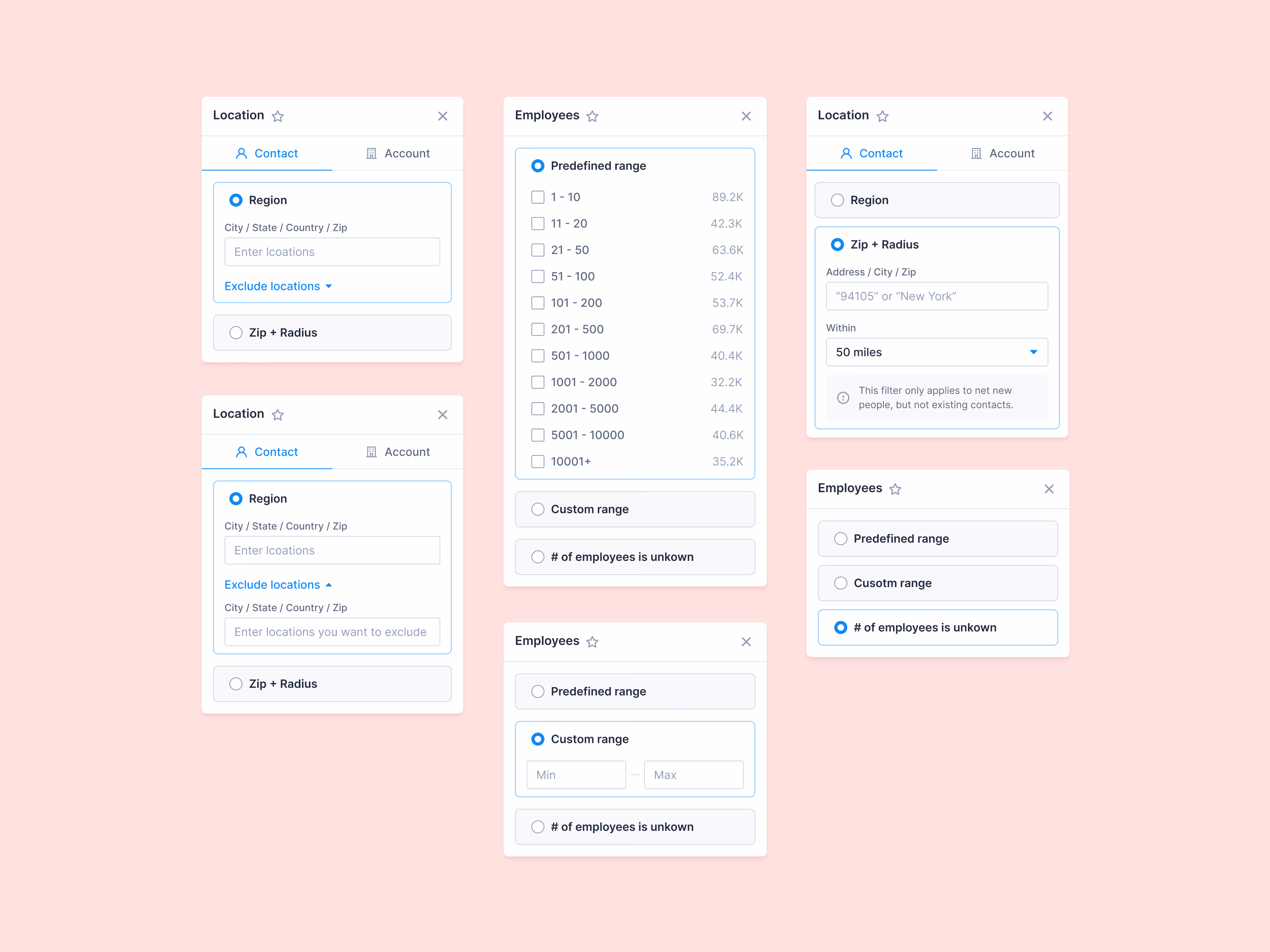 Location and employee count filters for company search