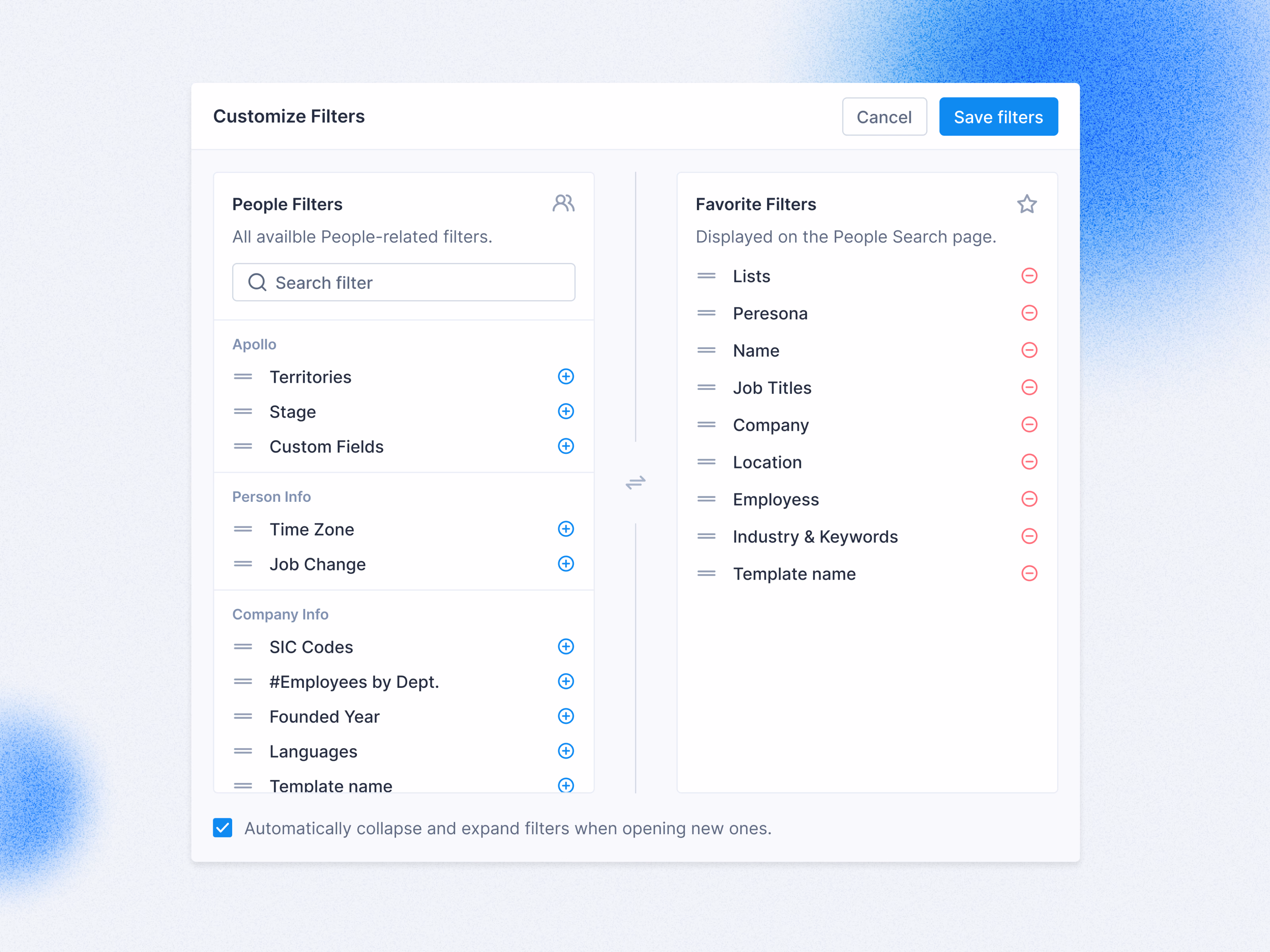 Favorite filters customization modal for Apollo
