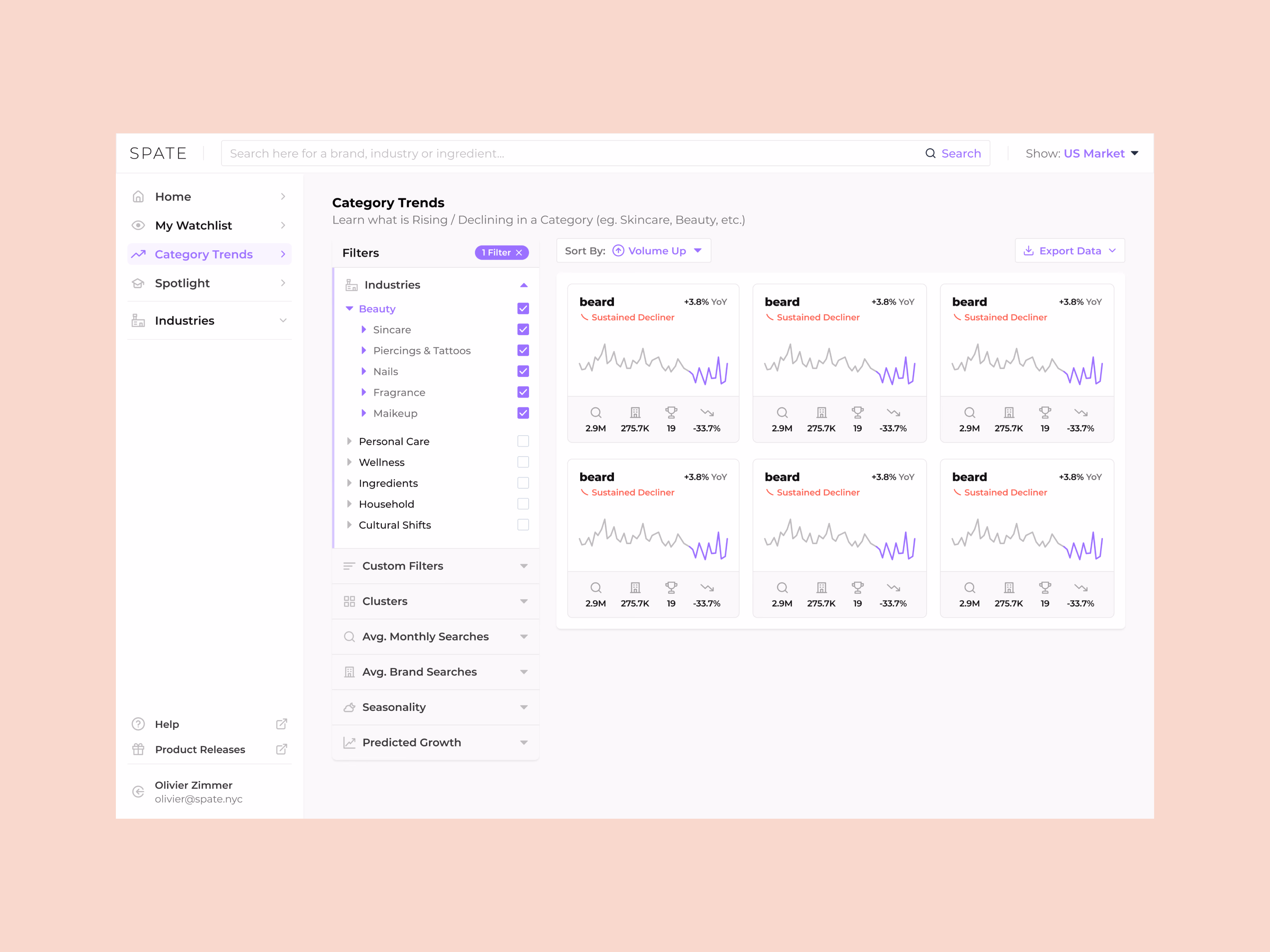 Beauty category trends page with filters in Spate