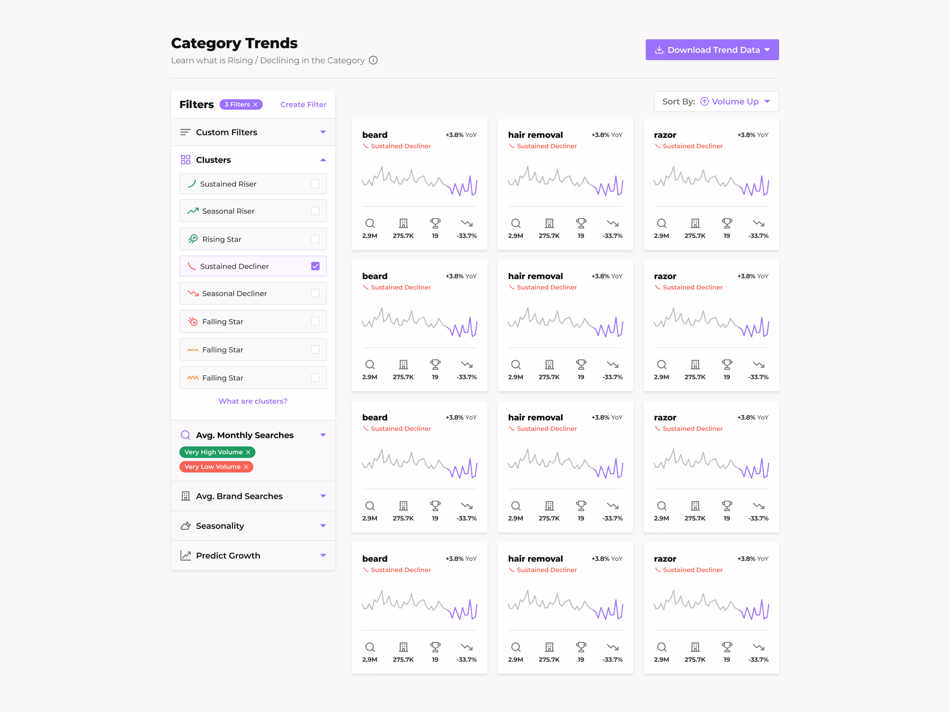 Search trend cards and filter panel for Spate