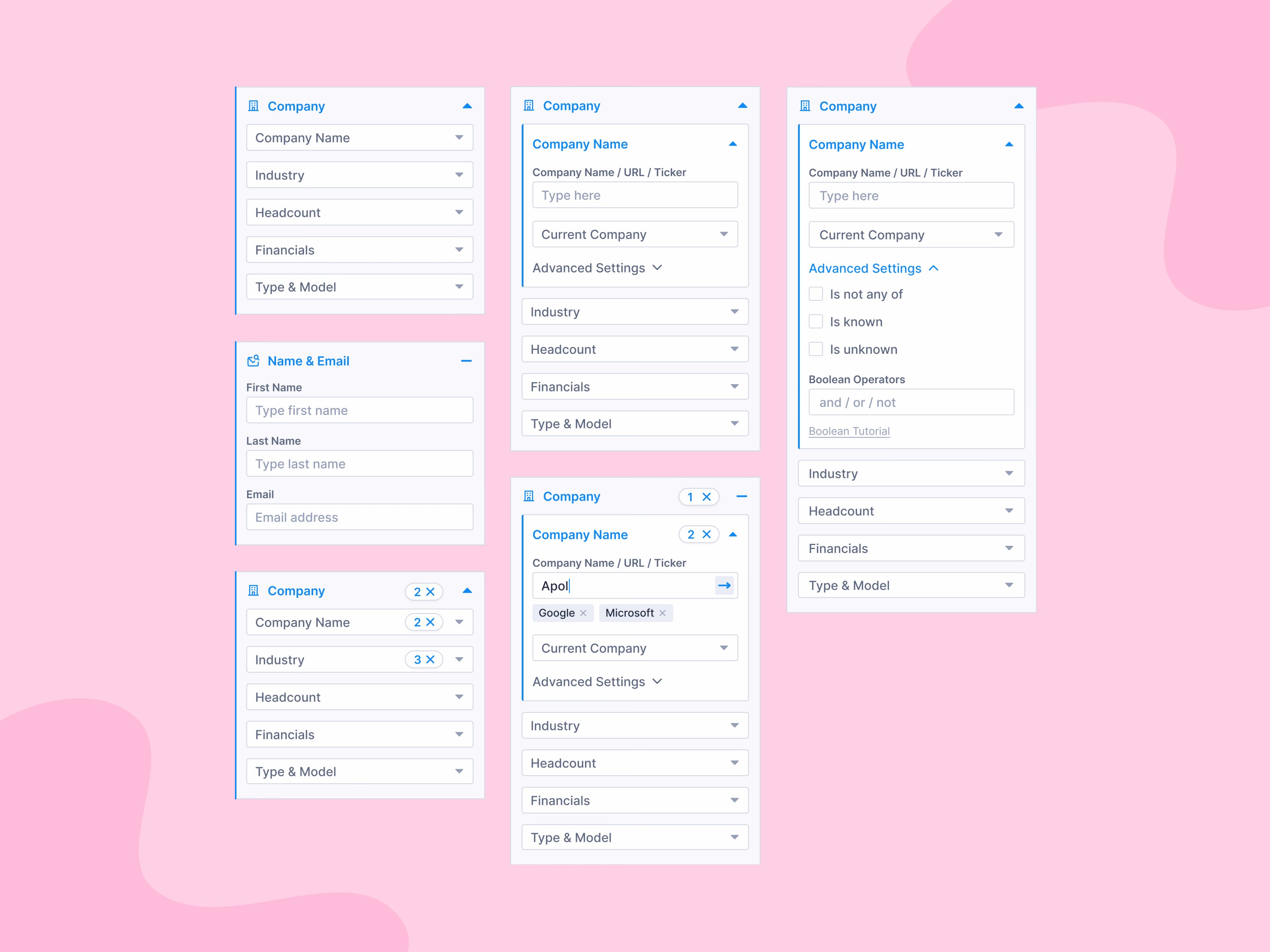 Company filter states for a prospecting search