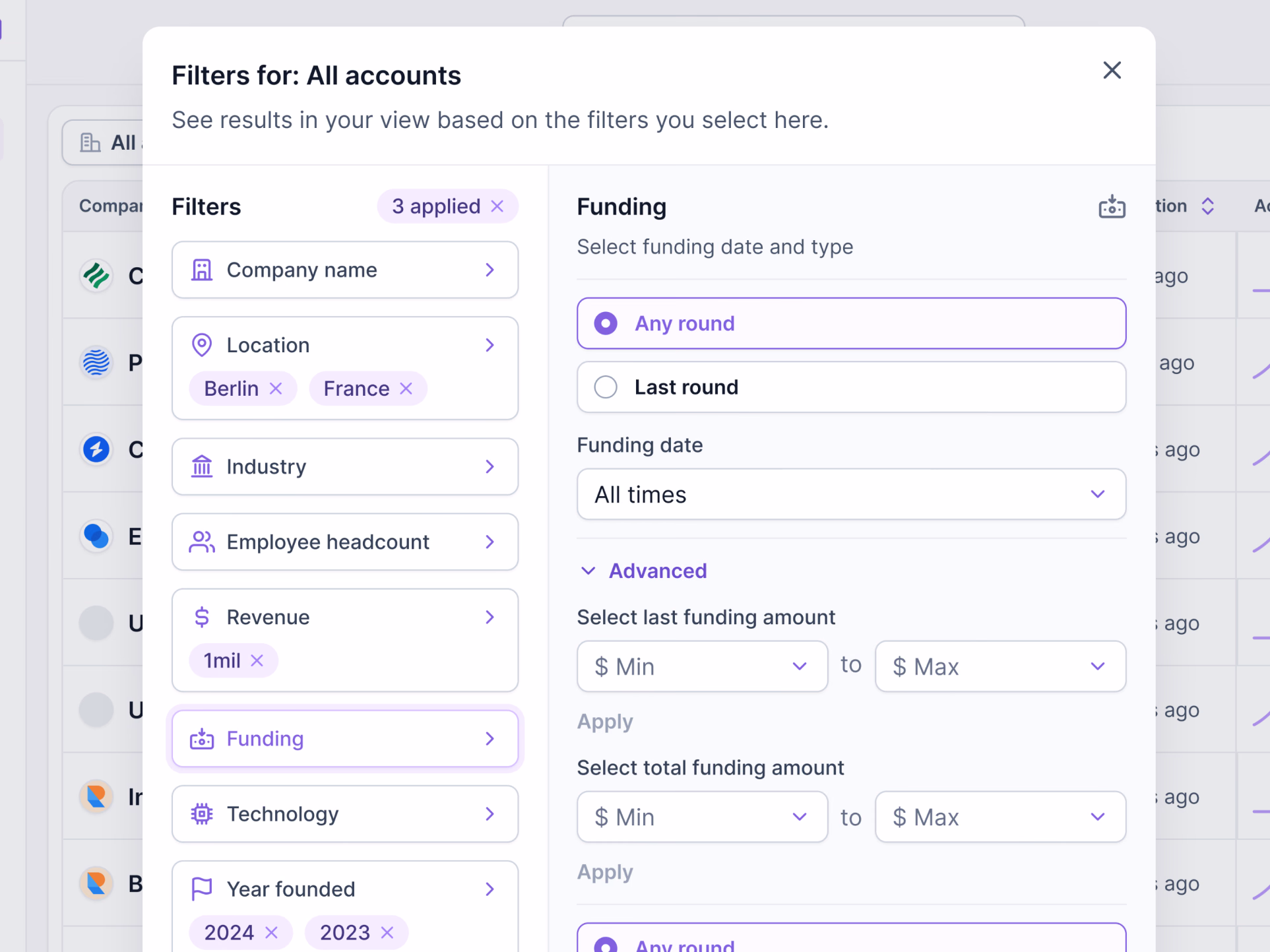 Account filters modal draft for Lantern's AI CRM