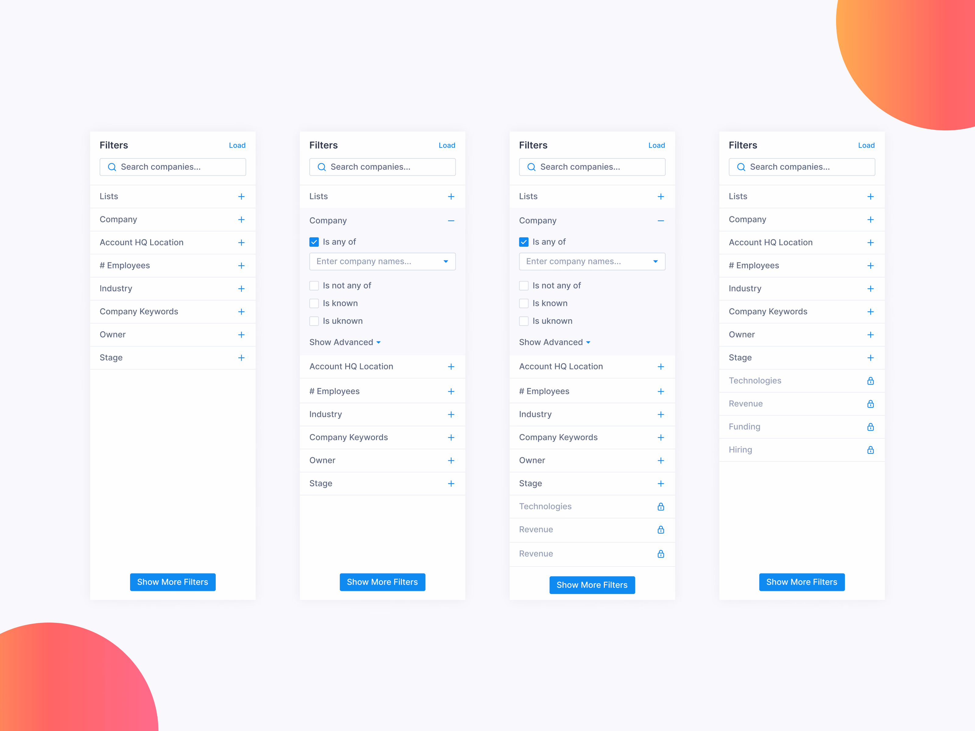 Earlier company search filters with locked options
