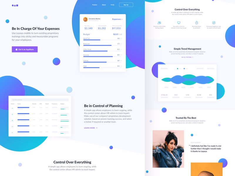 Expense tracking finance app landing page concept