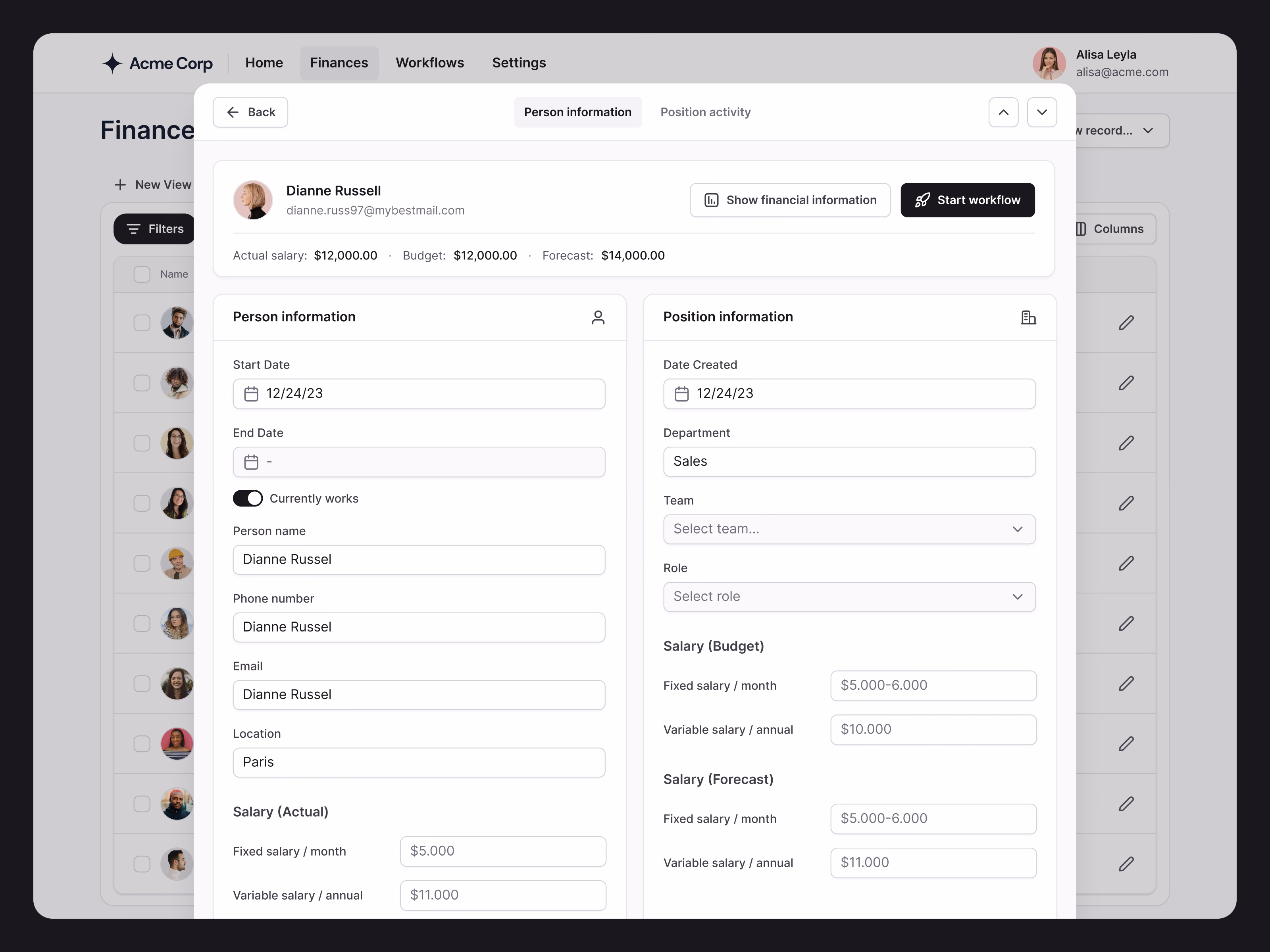 Employee salary details panel draft for Horus