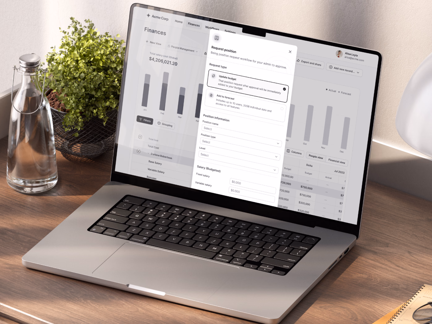 New position request modal for a workforce finance app