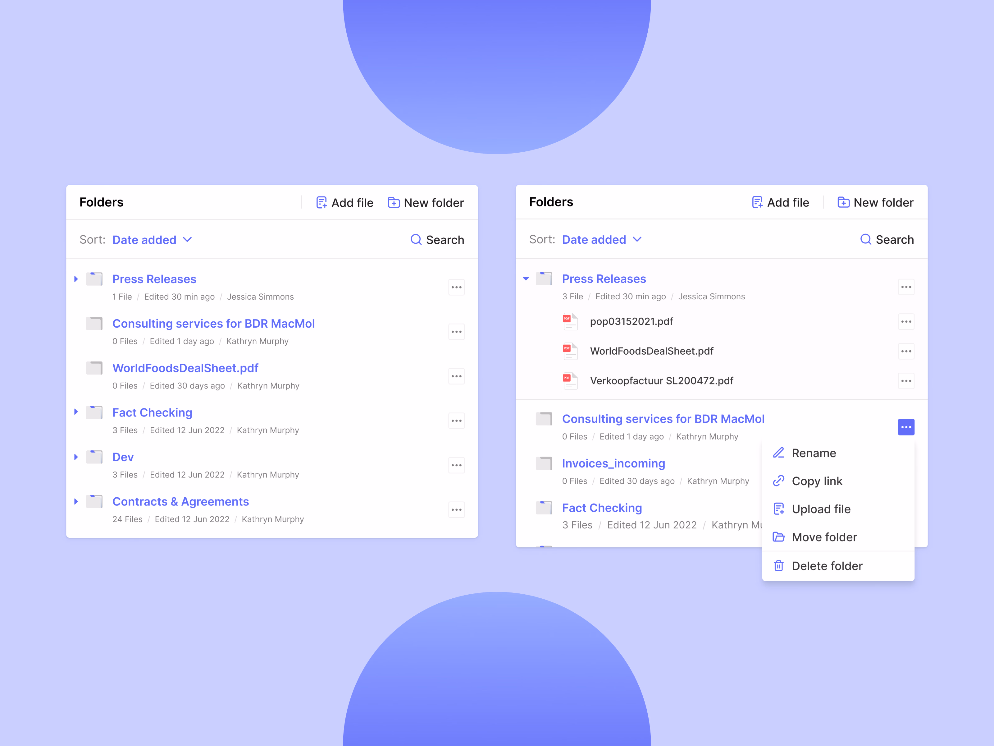 Folders panel with file tree and actions menu