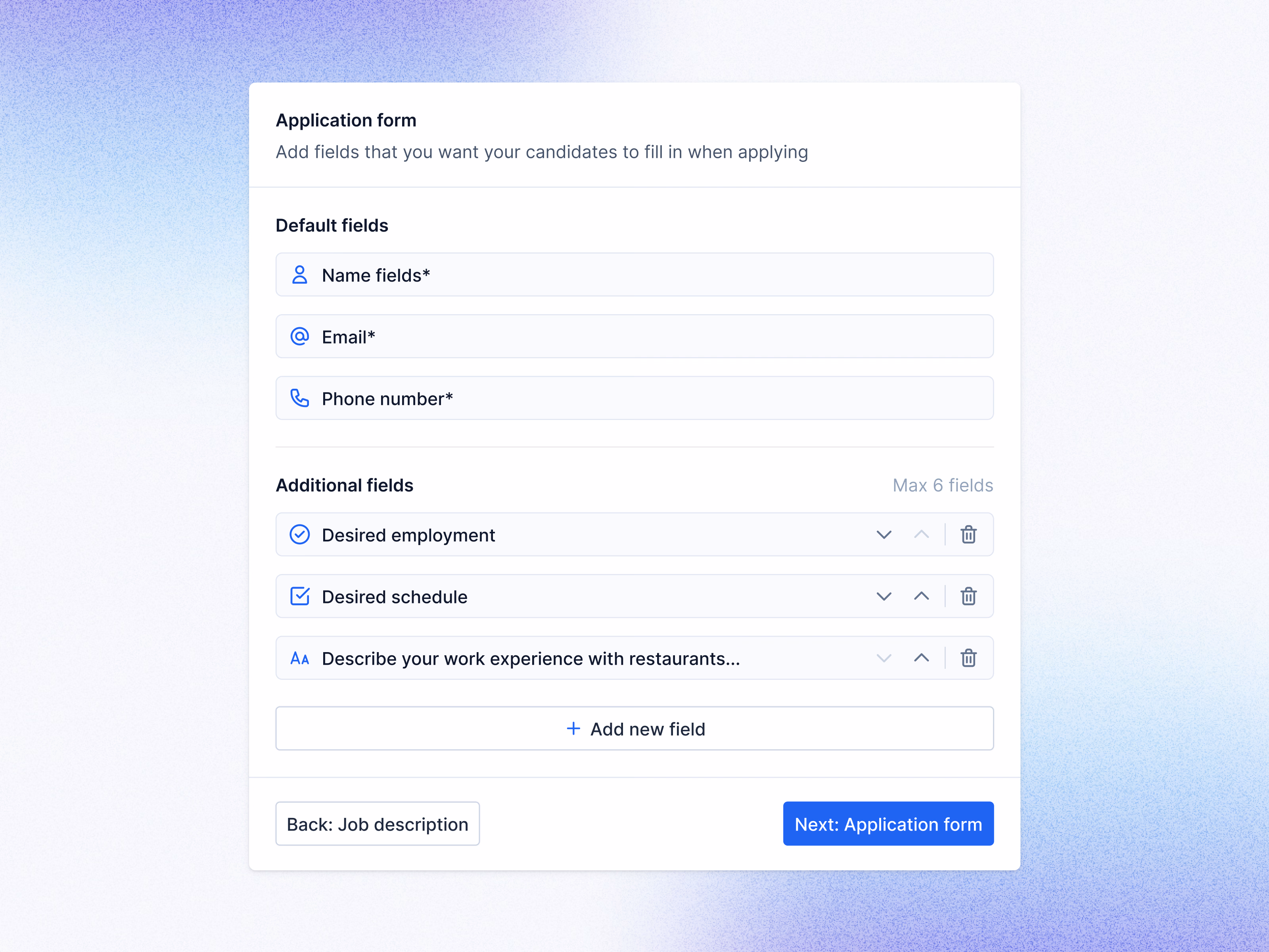 Job application form builder for Teero hiring