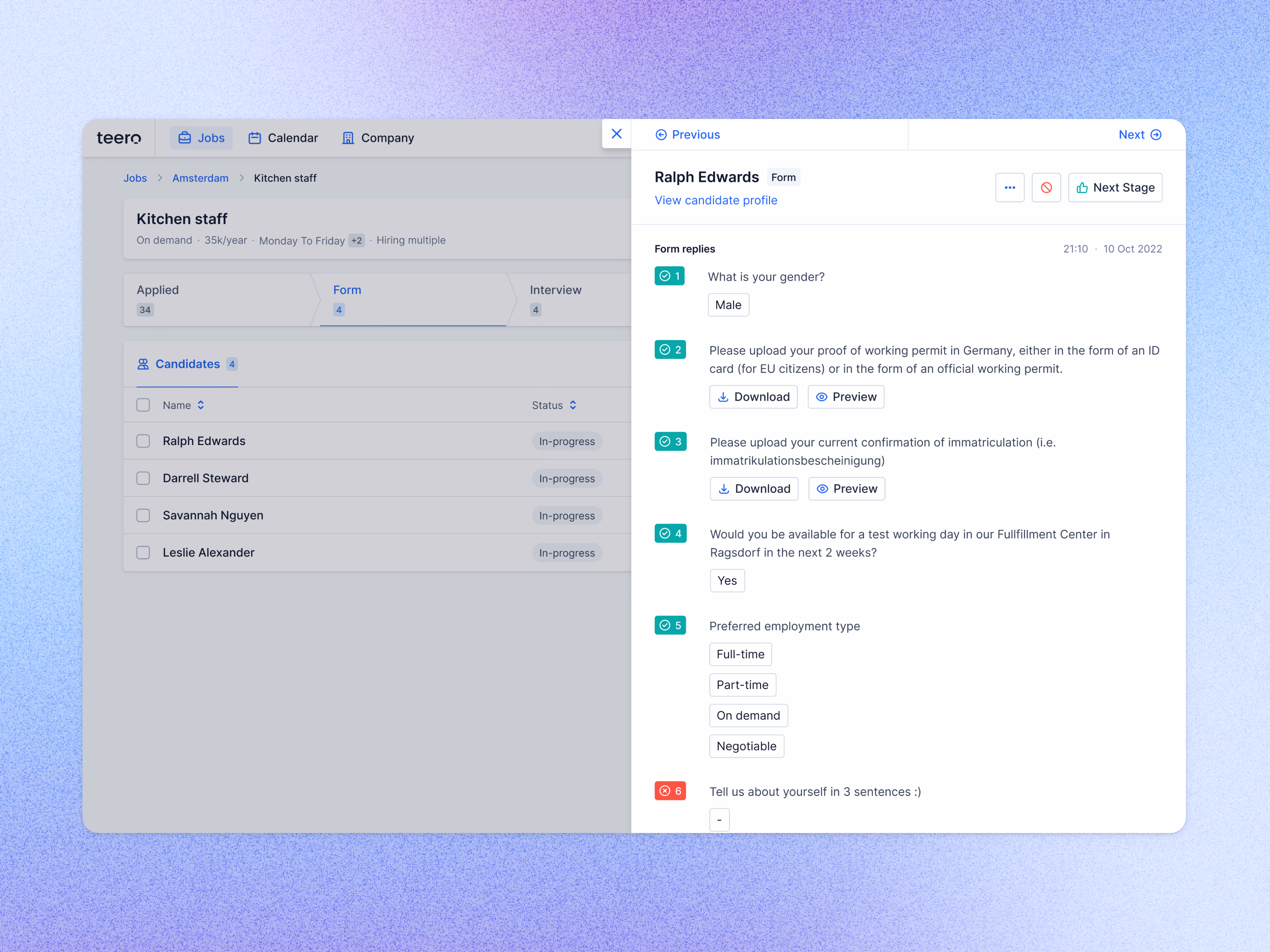 Candidate form replies side panel in Teero