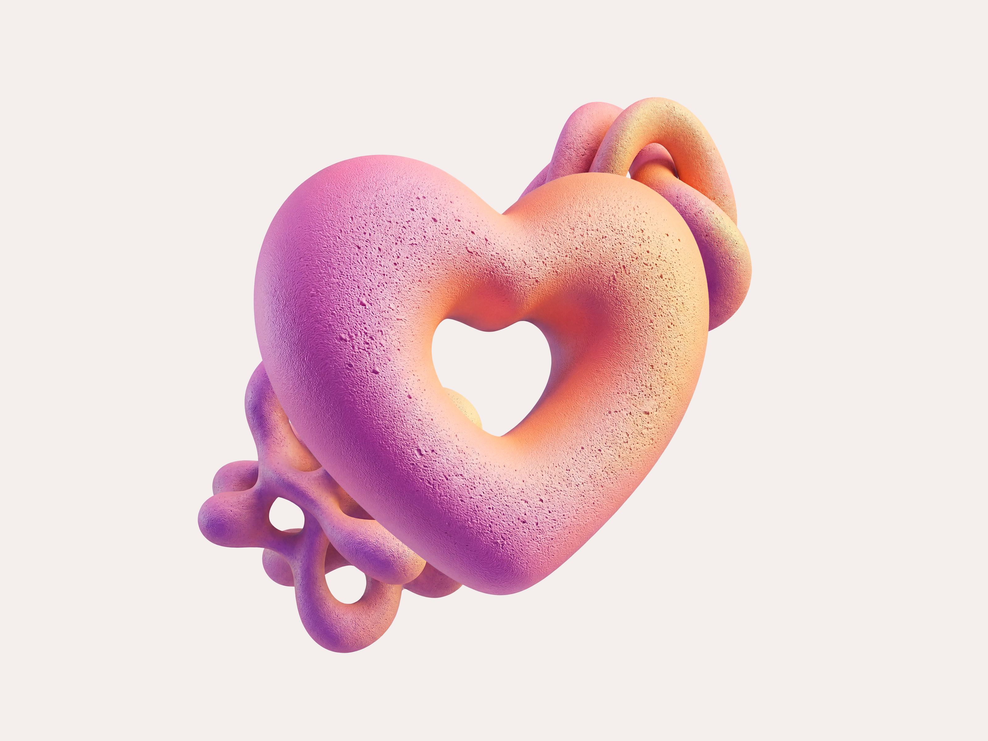 Close-up of a grainy 3D heart with a heart-shaped hole, wrapped in magenta and orange loops