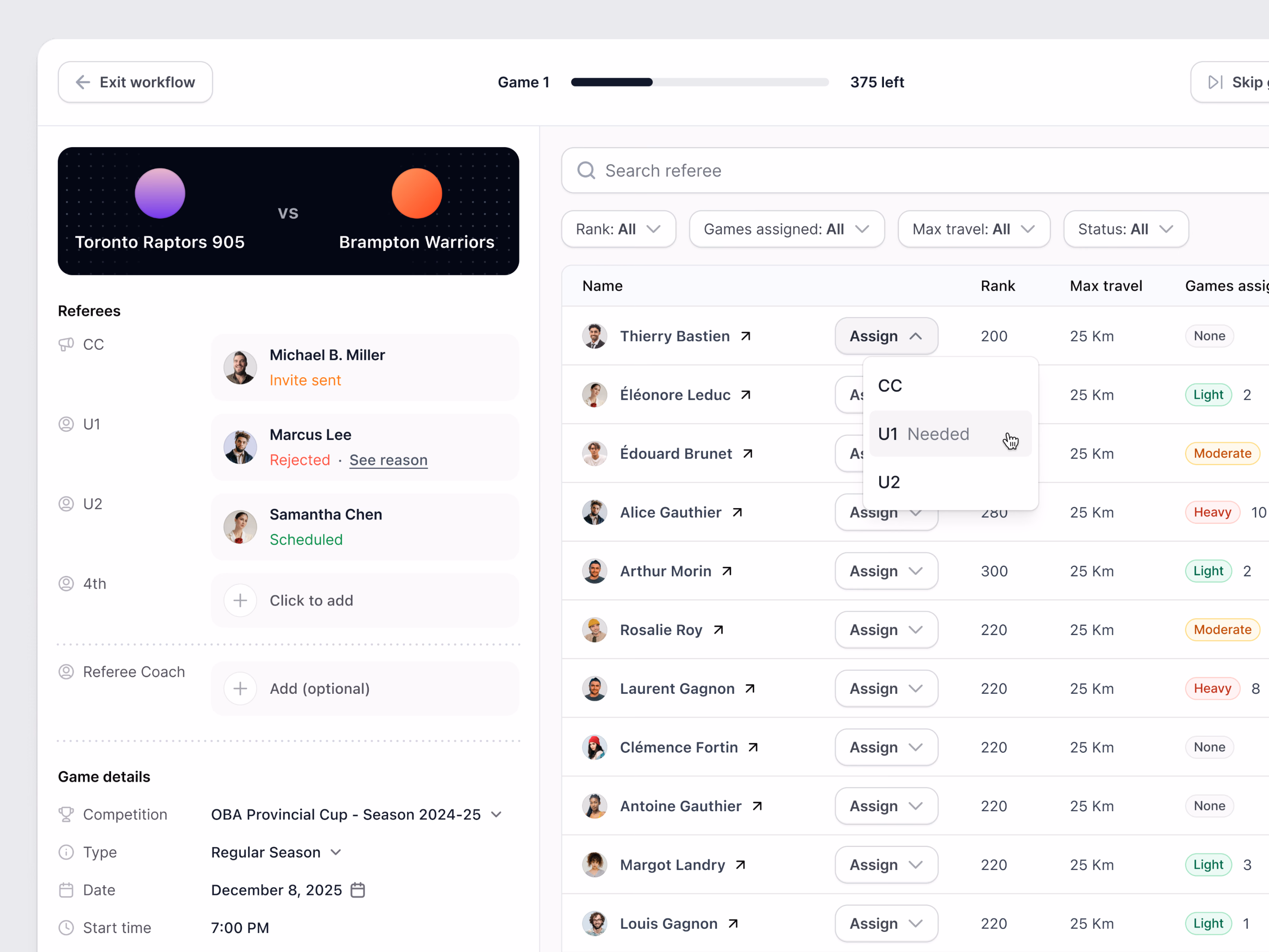 Referee crew builder for game assignments in EDGE