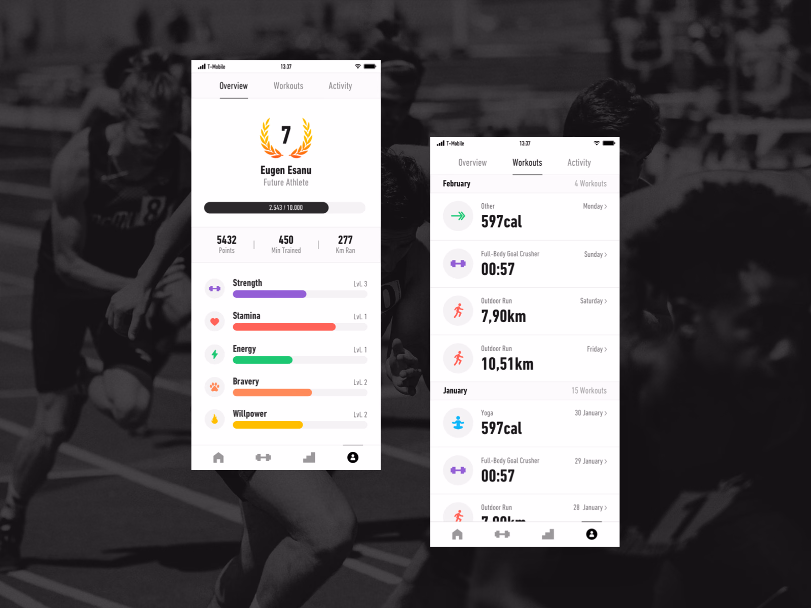 Gamified fitness app profile with levels and stats