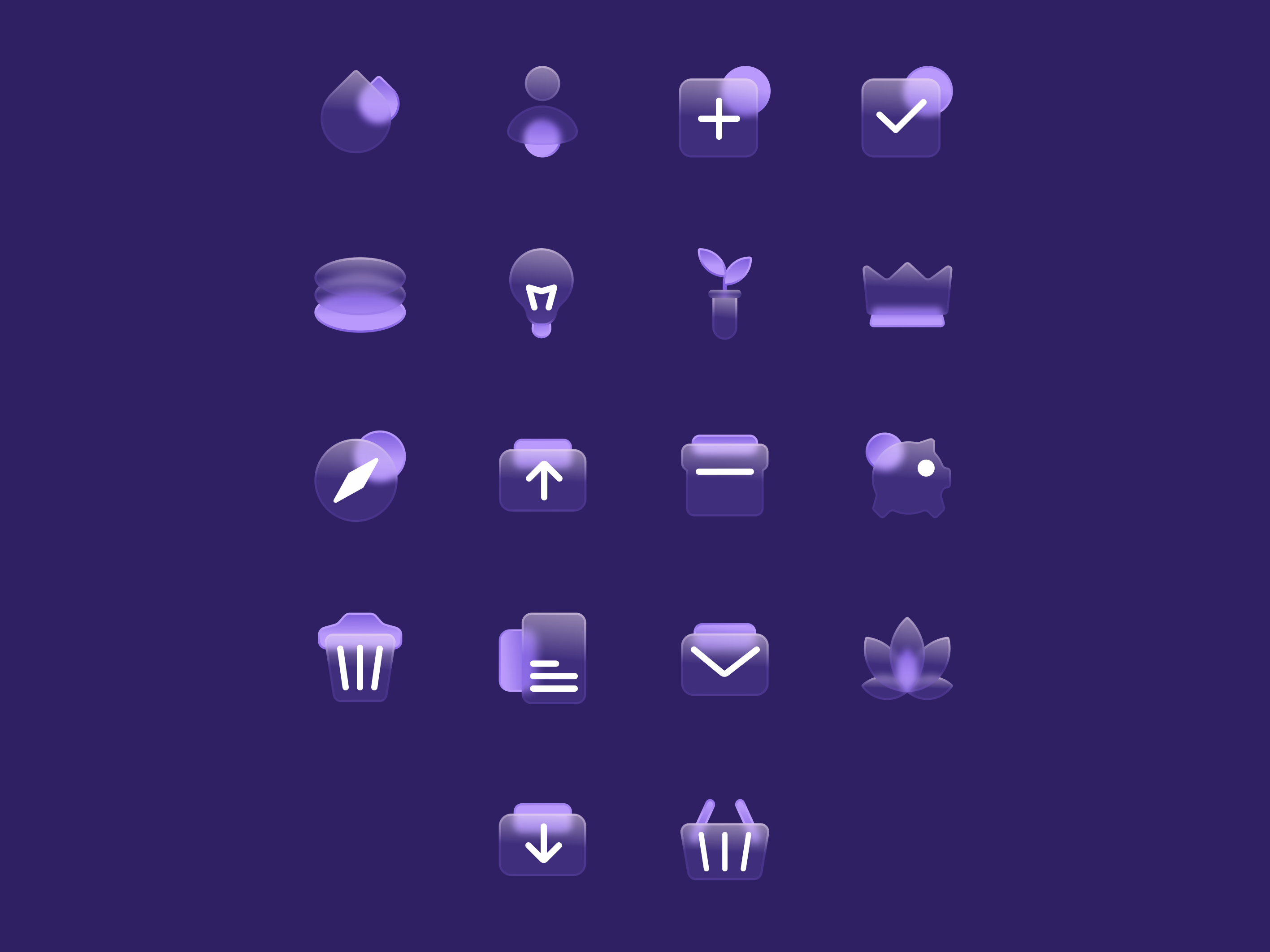 Glass icon set on a deep purple background