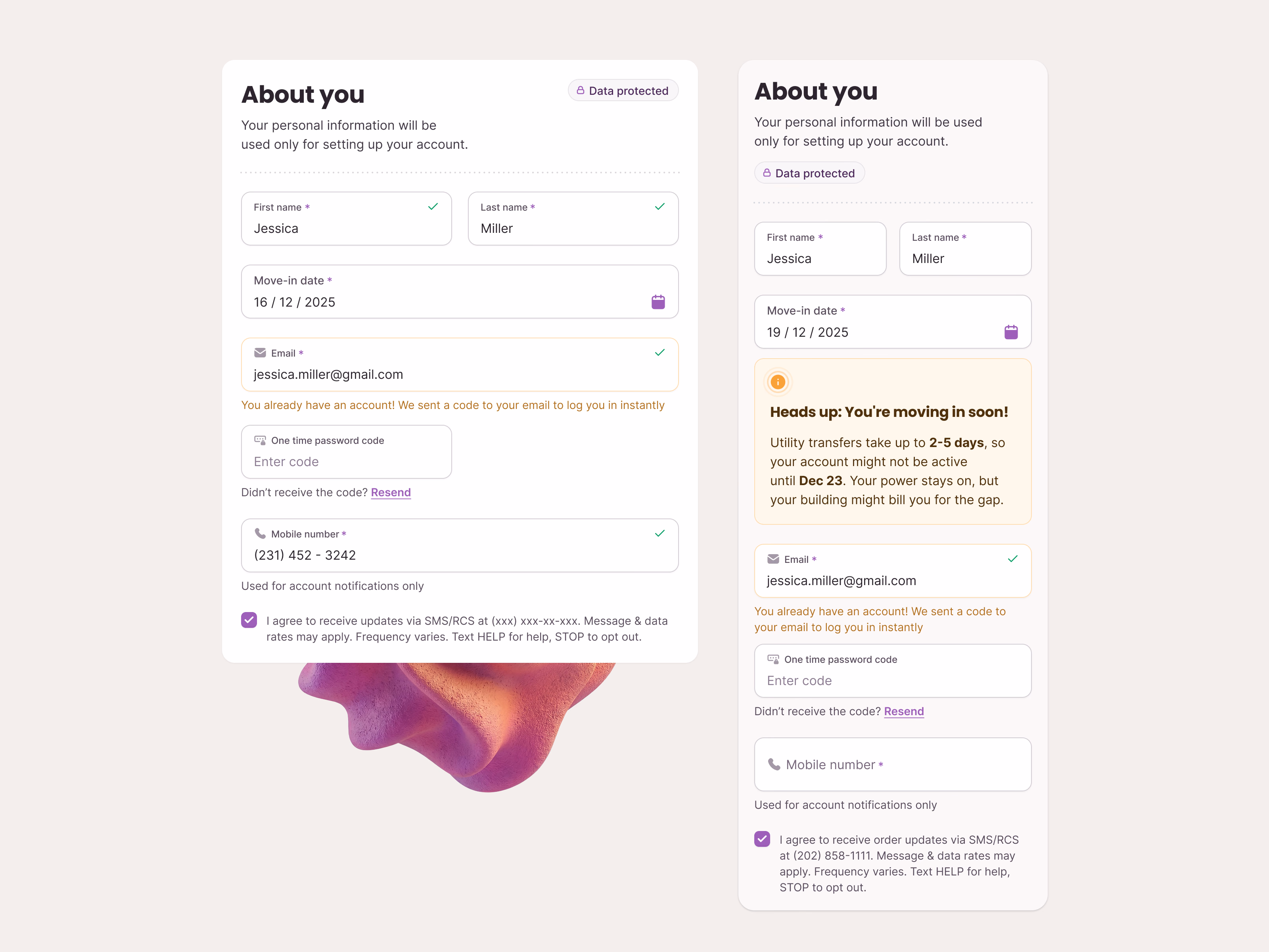 Existing account and move-in date warnings for Public Grid