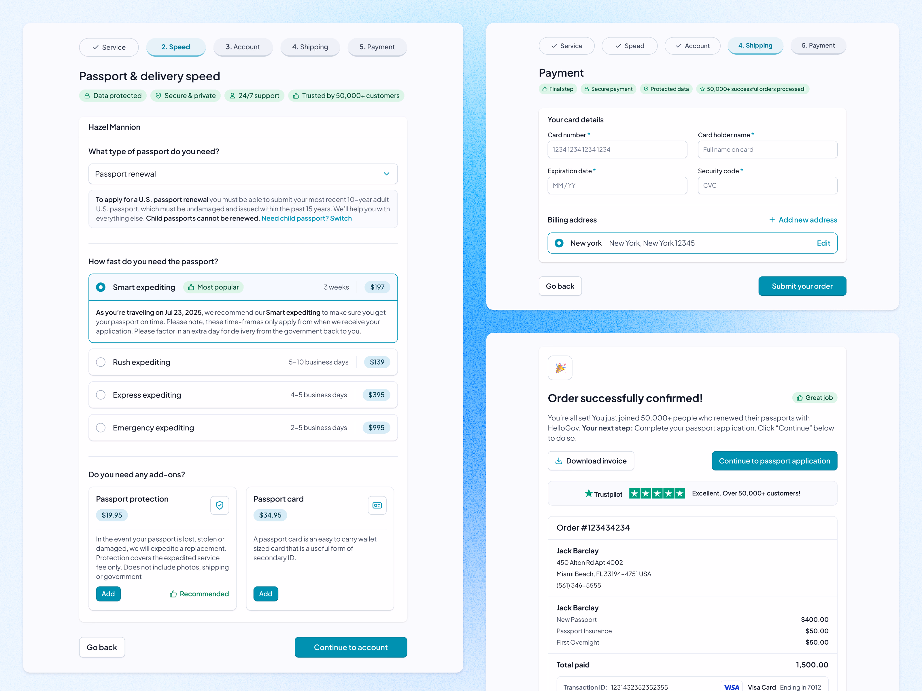 Passport checkout flow with confirmation for HelloGov