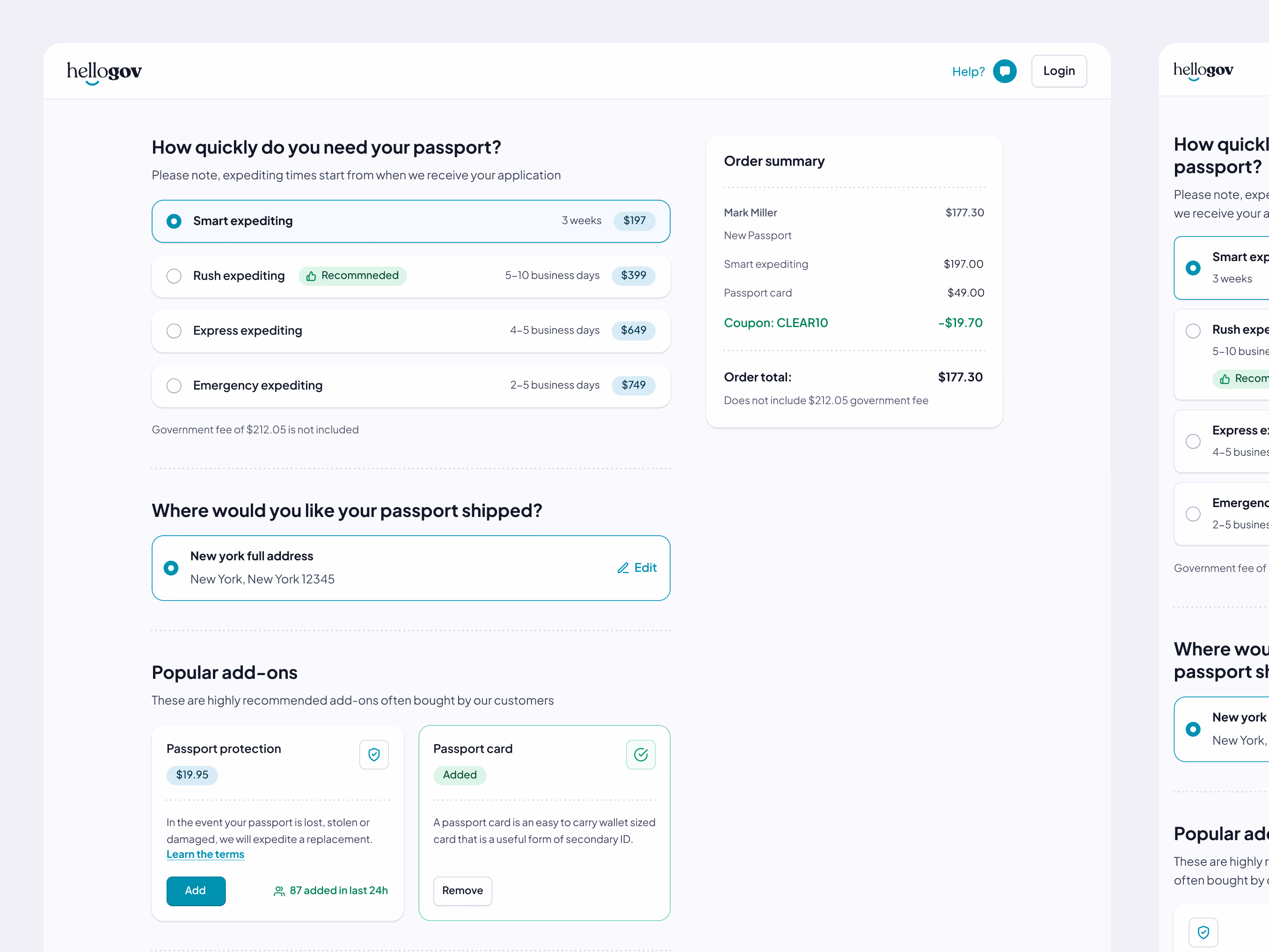 Passport expediting checkout step for HelloGov