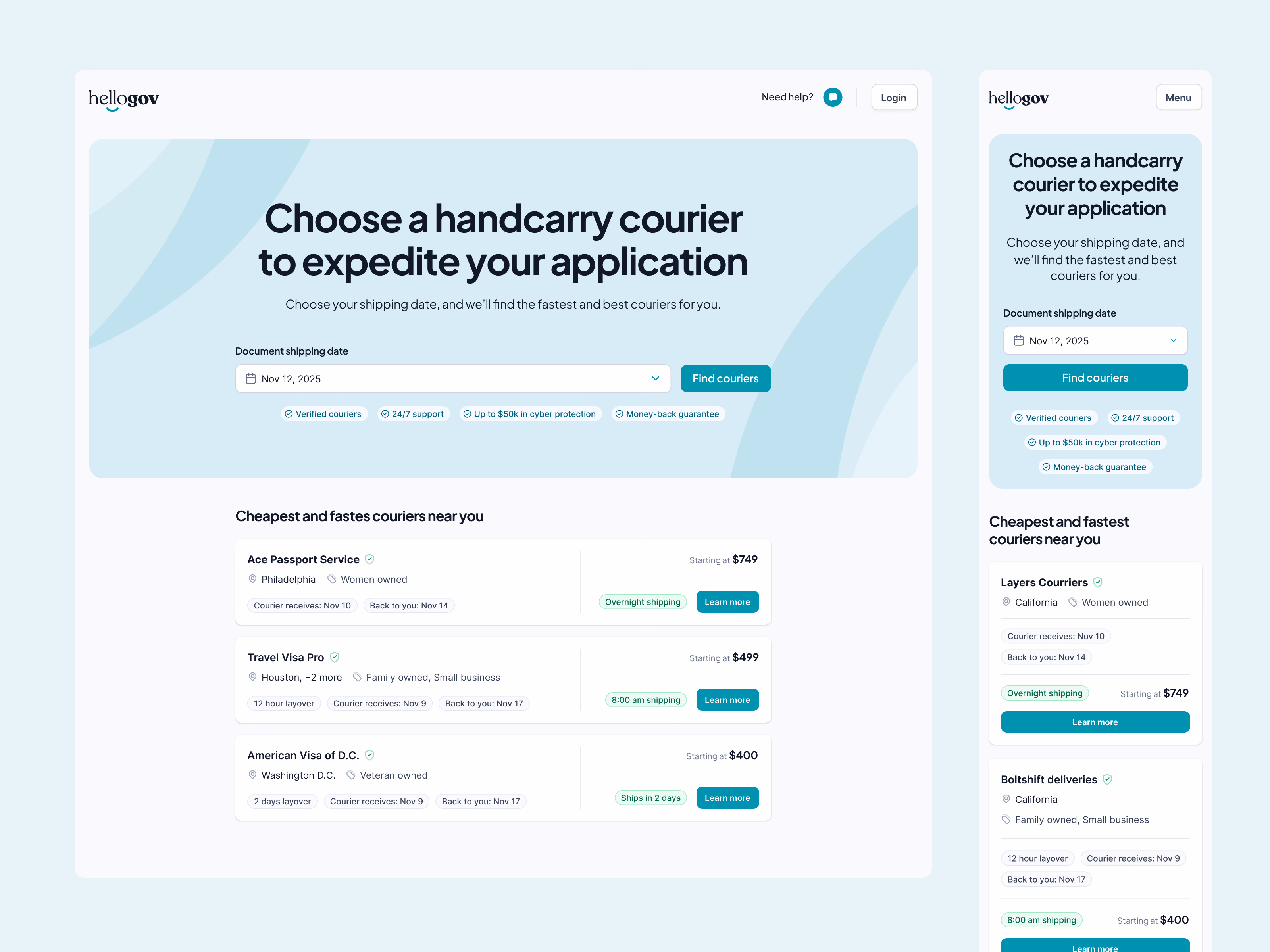 Passport courier marketplace landing page for HelloGov