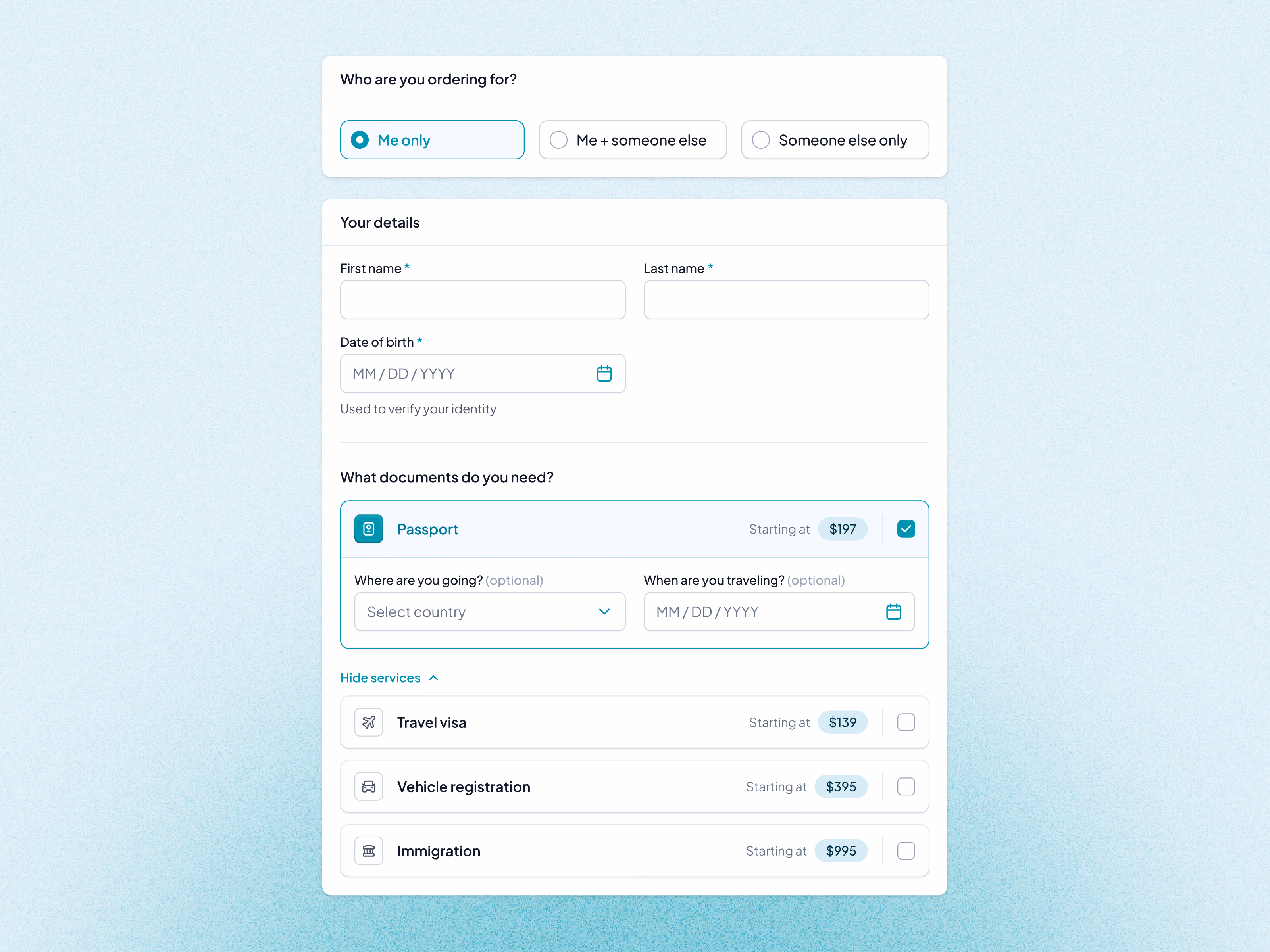 Service selection checkout step iterations for HelloGov