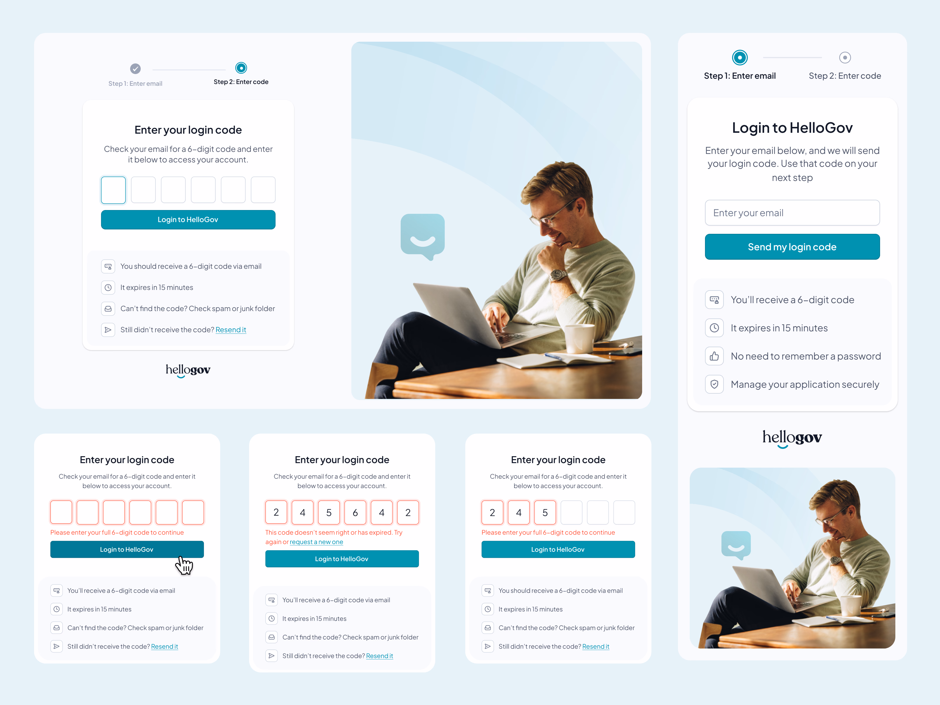 Passwordless email code login flow for HelloGov