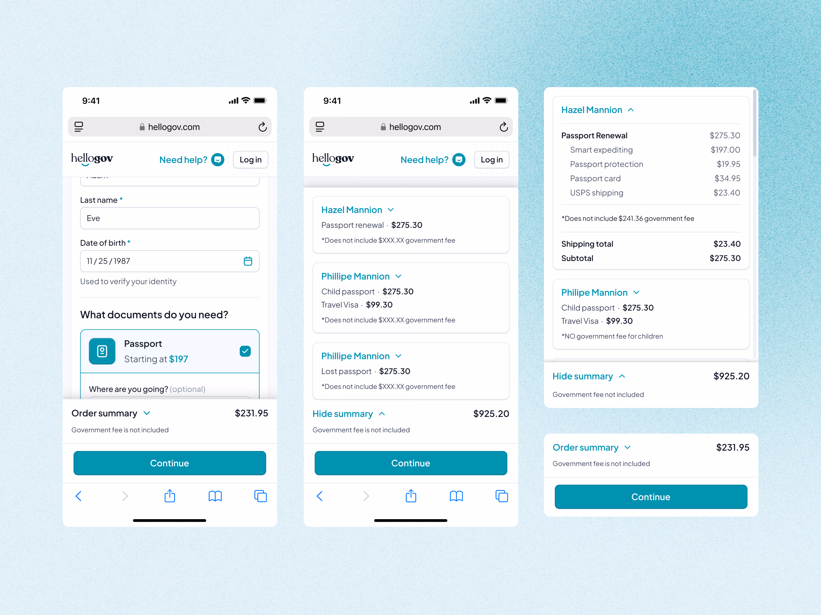 Mobile checkout order summary exploration for HelloGov