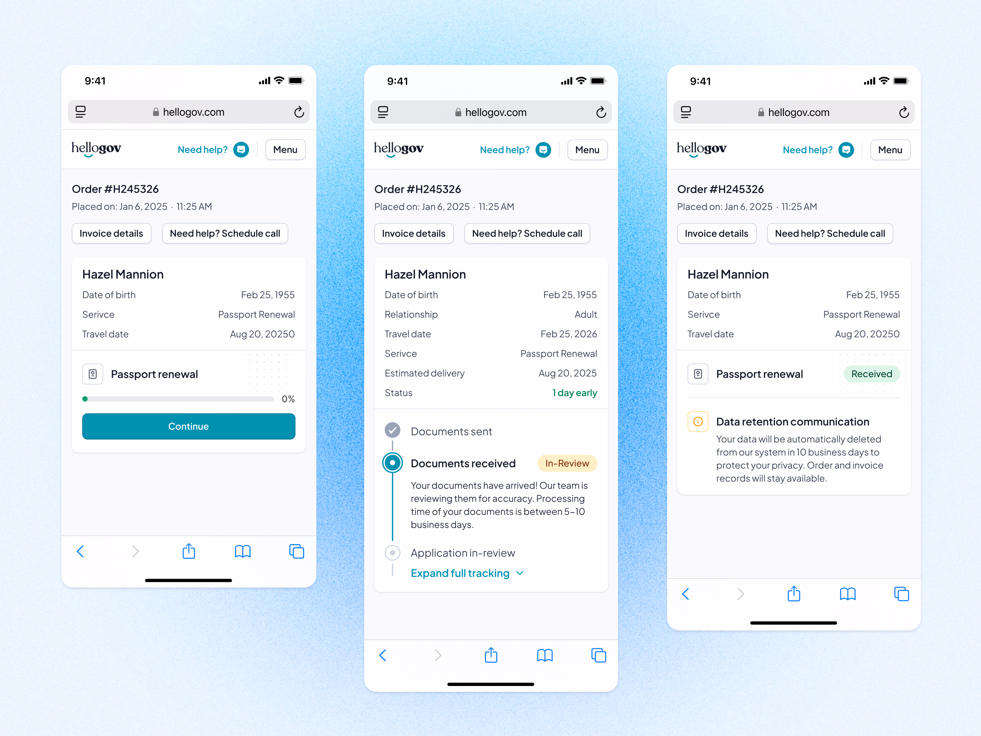 Passport order tracking screens for HelloGov mobile