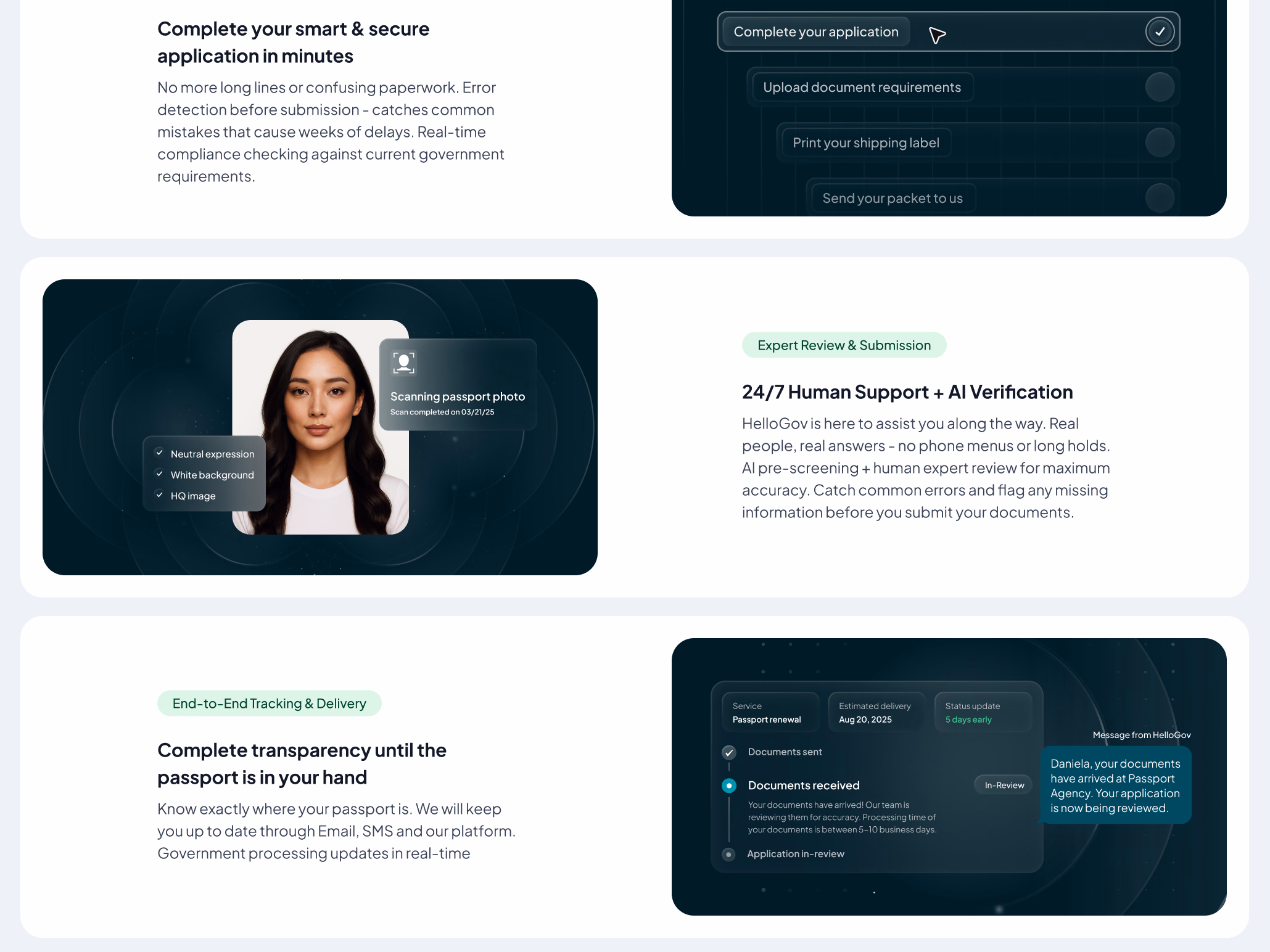 Passport service feature sections for HelloGov website