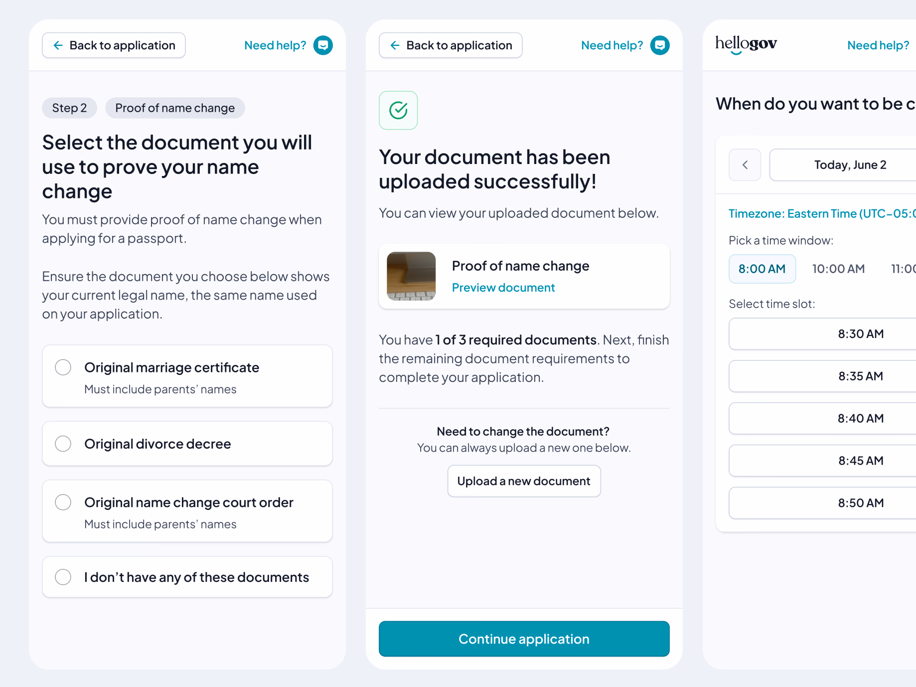 Mobile passport application screens for HelloGov