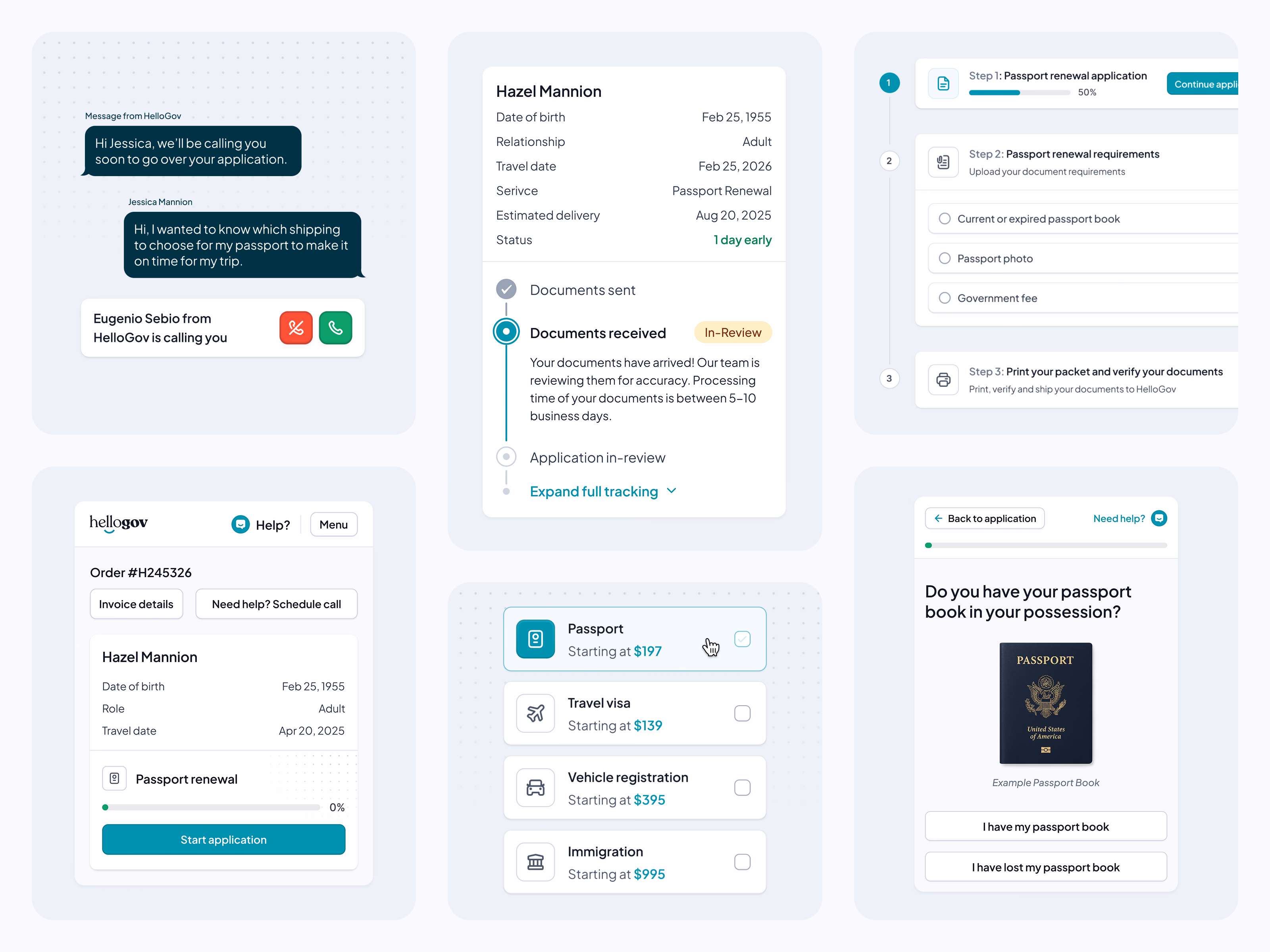 Passport application process screens for HelloGov