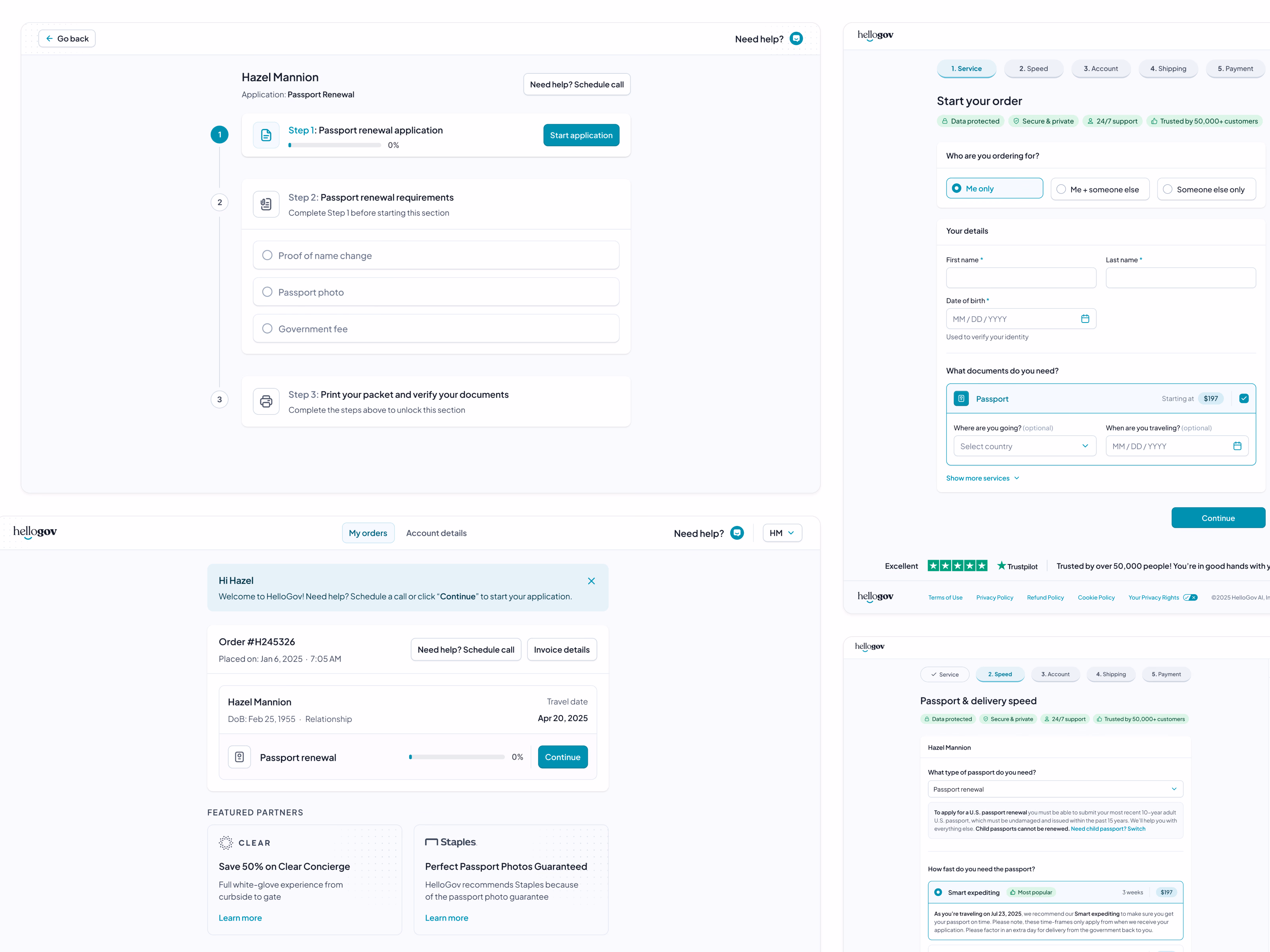 Passport checkout and orders page for HelloGov