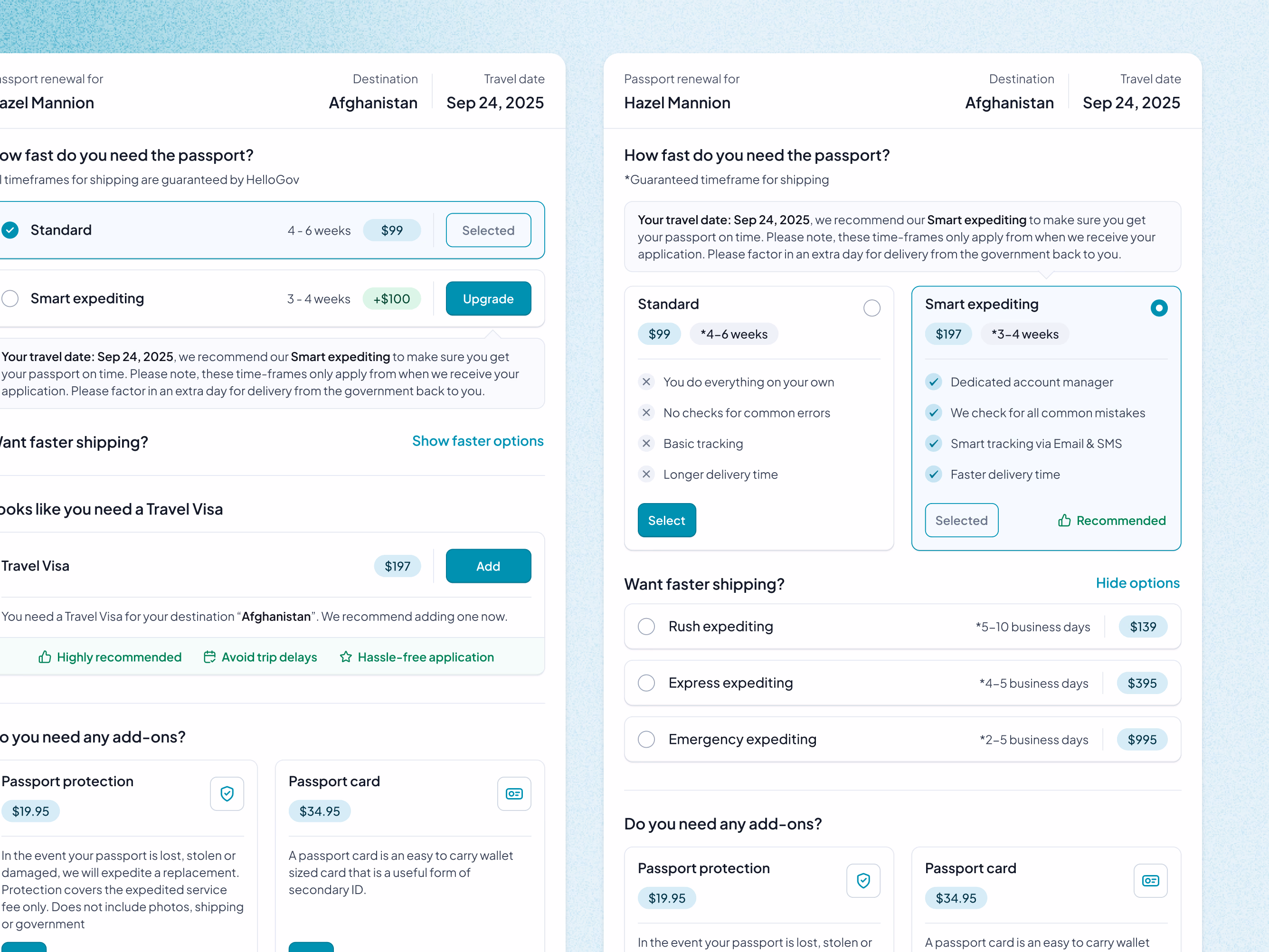 Delivery speed upsell layouts exploration for HelloGov