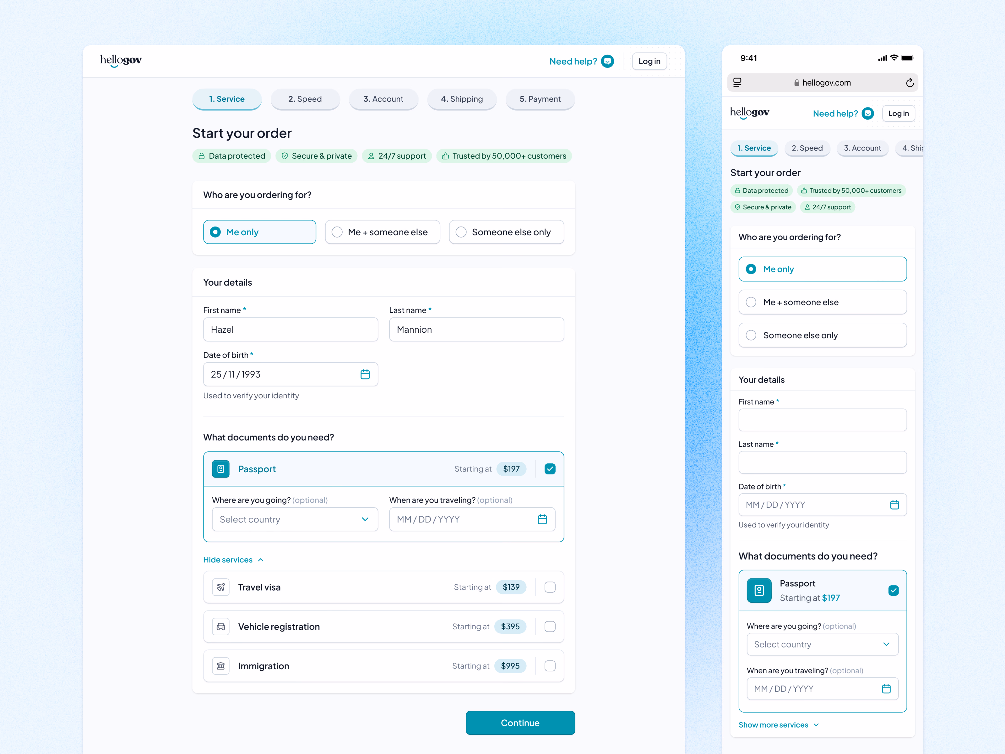 Start your order checkout step for HelloGov passports