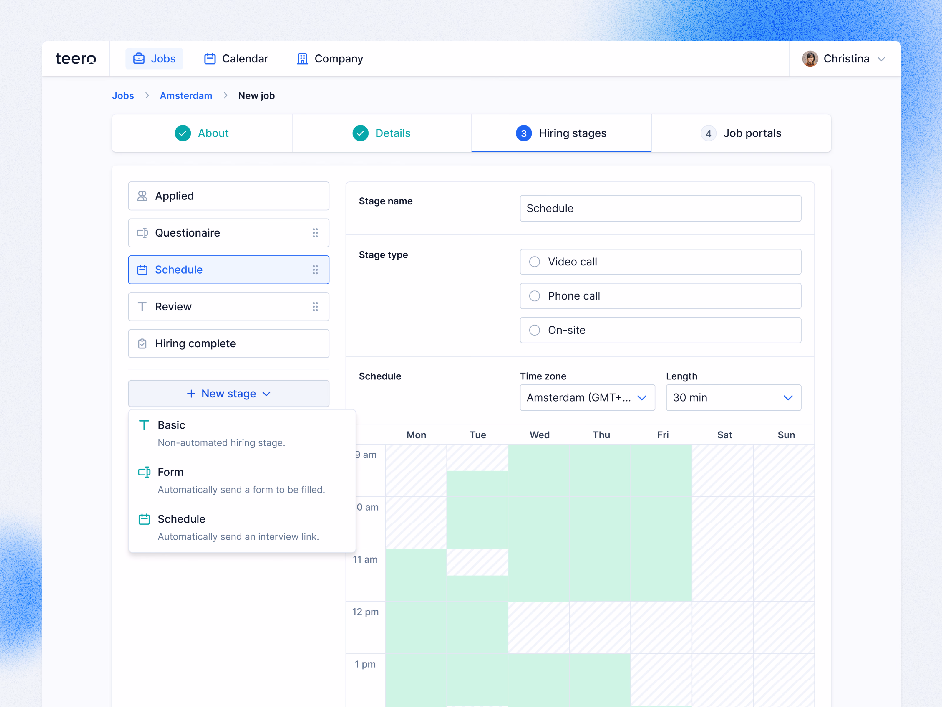 Interview scheduling stage setup in Teero hiring