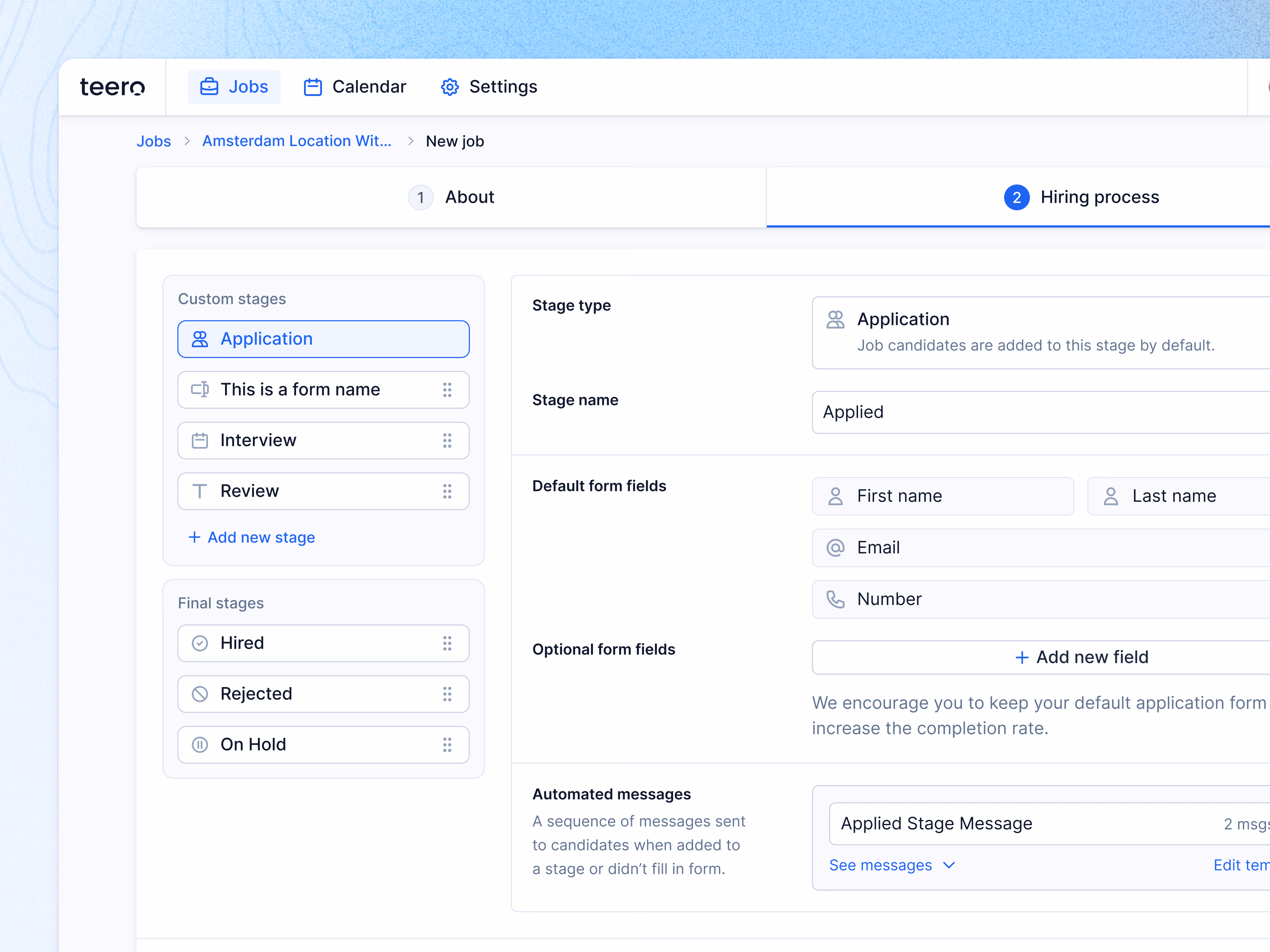 Hiring process stages setup for Teero job posts