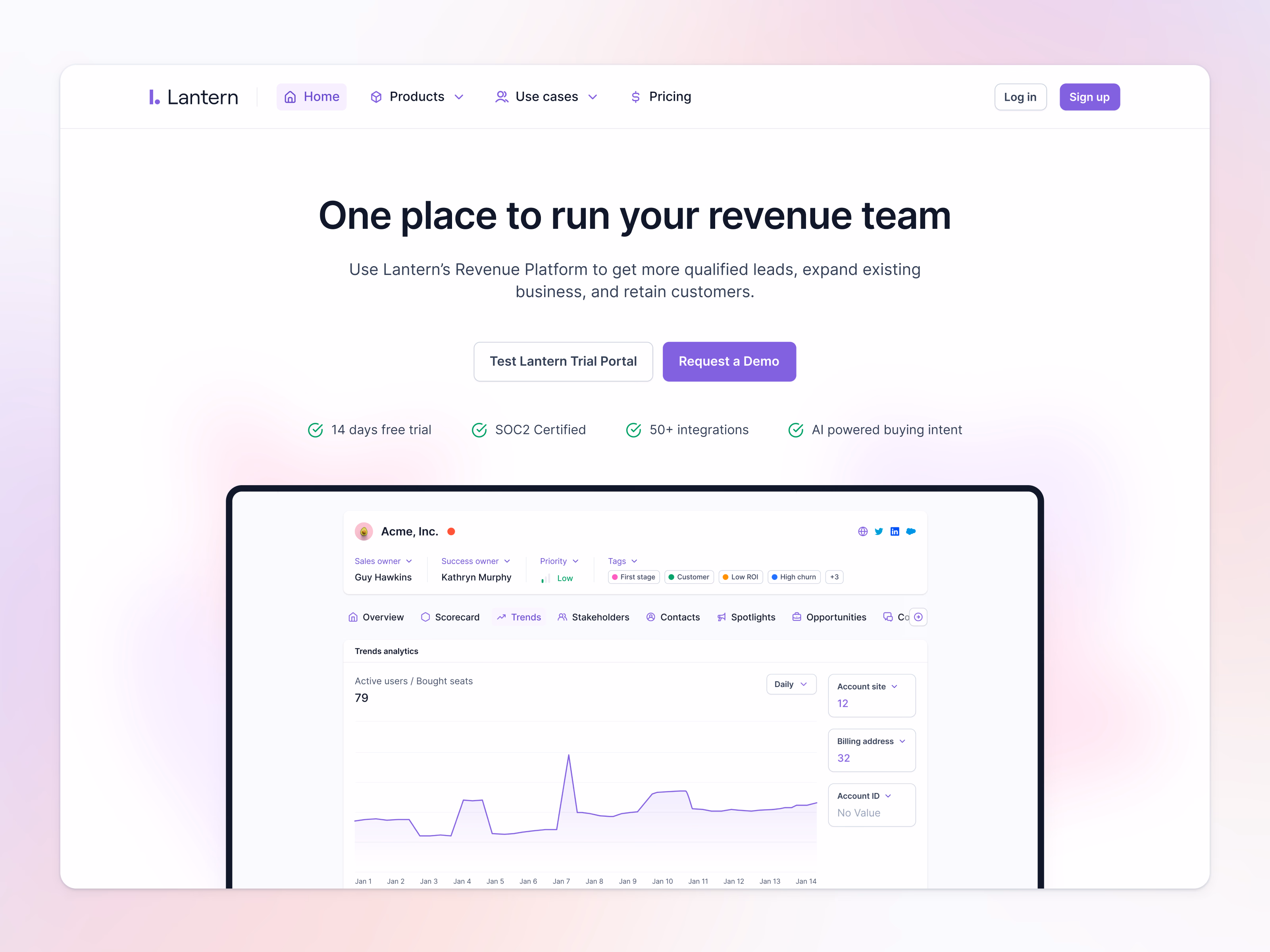 AI CRM homepage hero section for Lantern