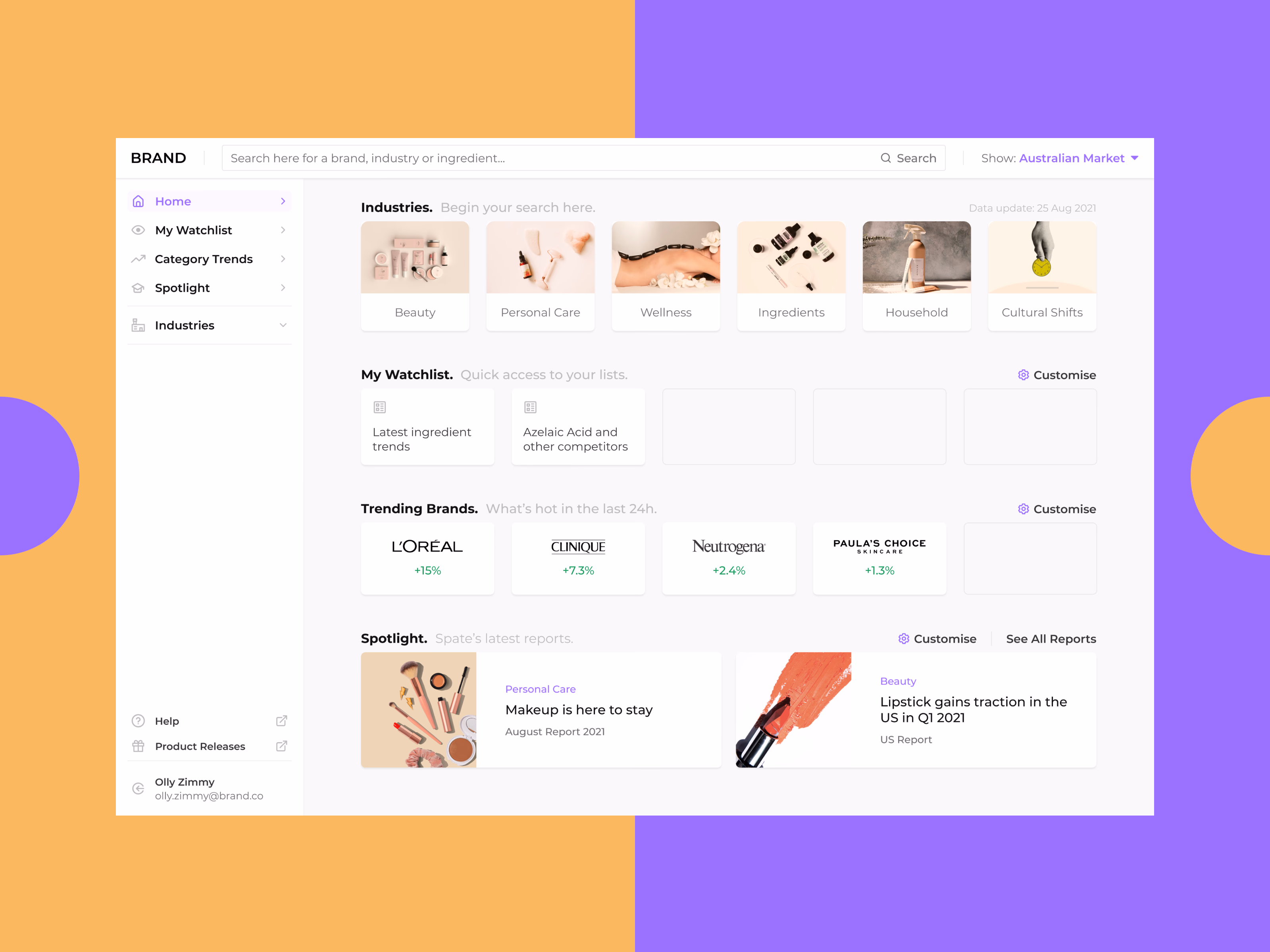 Spate home page with trending brands row